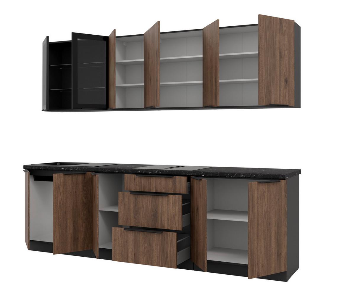 Blok Kuhinja Monza - boja orahovog drveta/crna, Moderno, staklo/metal (260/210/60cm) - Modern Living