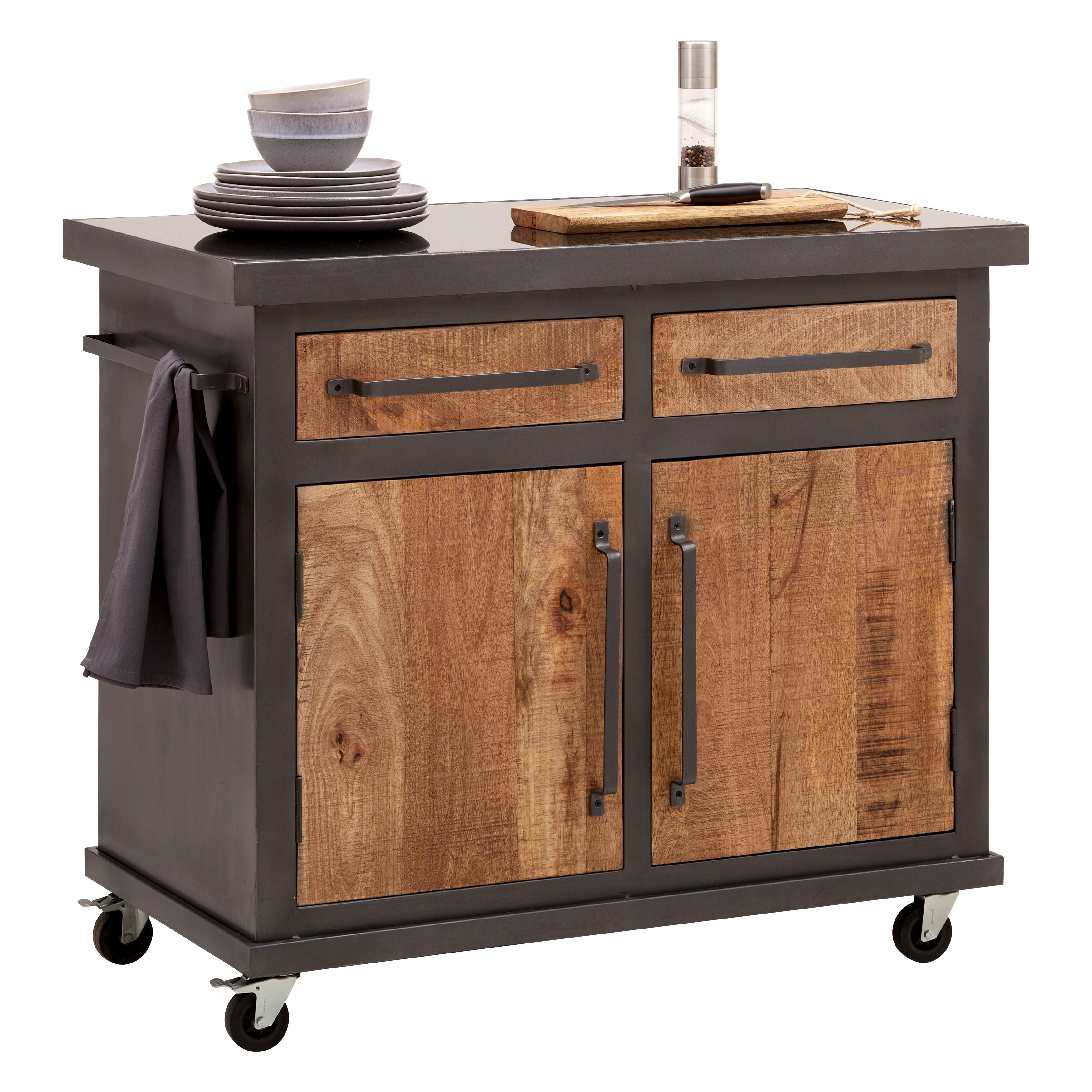 Kücheninsel Santosh, rollbar in Grau/Schwarz/Natur - Schwarz/Naturfarben, LIFESTYLE, Holz/Stein (107/94/58cm) - Zandiara