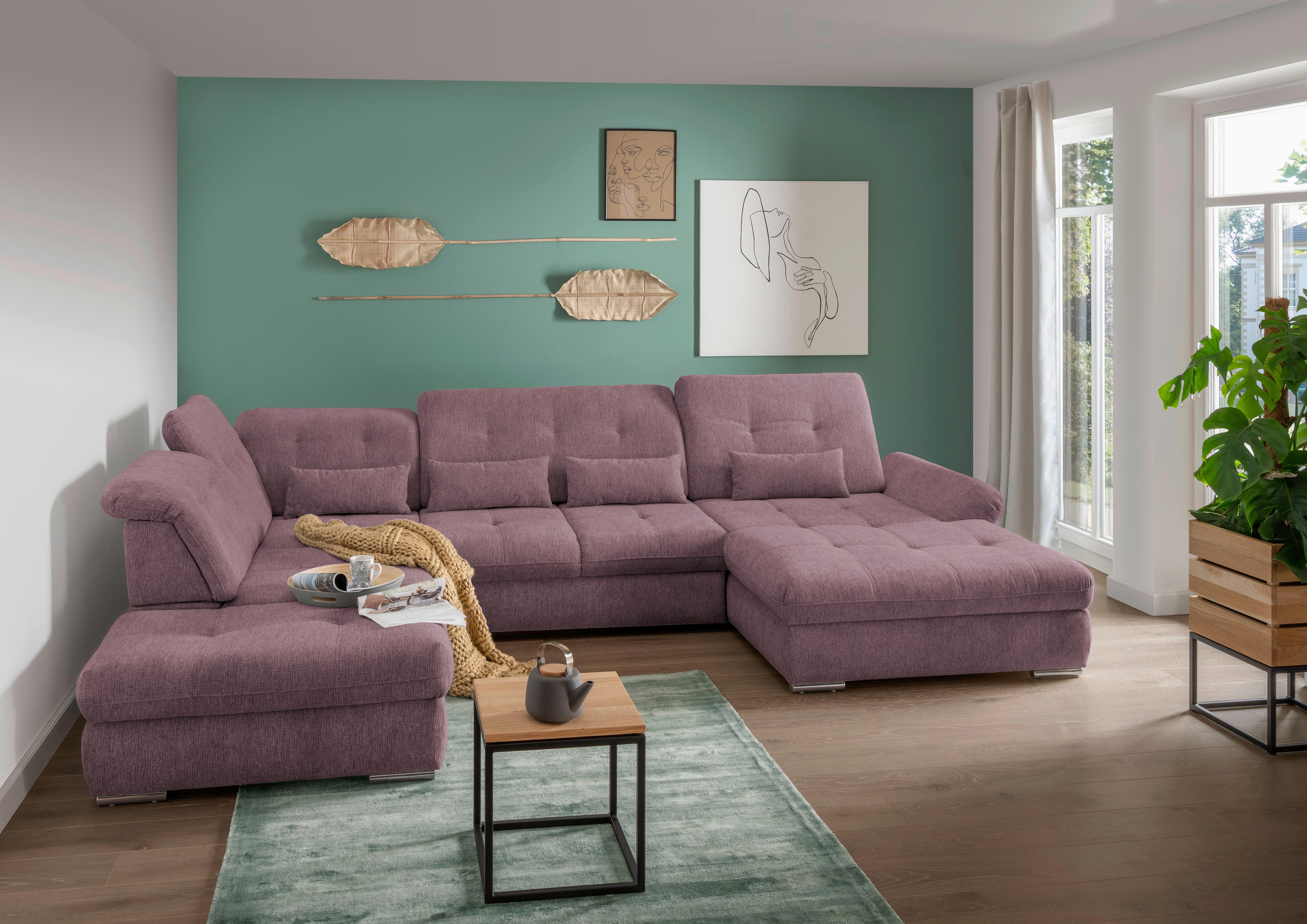 Wohnlandschaft Dalida Brombeere Chenille - Chromfarben/Brombeere, Design, Textil/Metall (254/376/195cm) - Livetastic