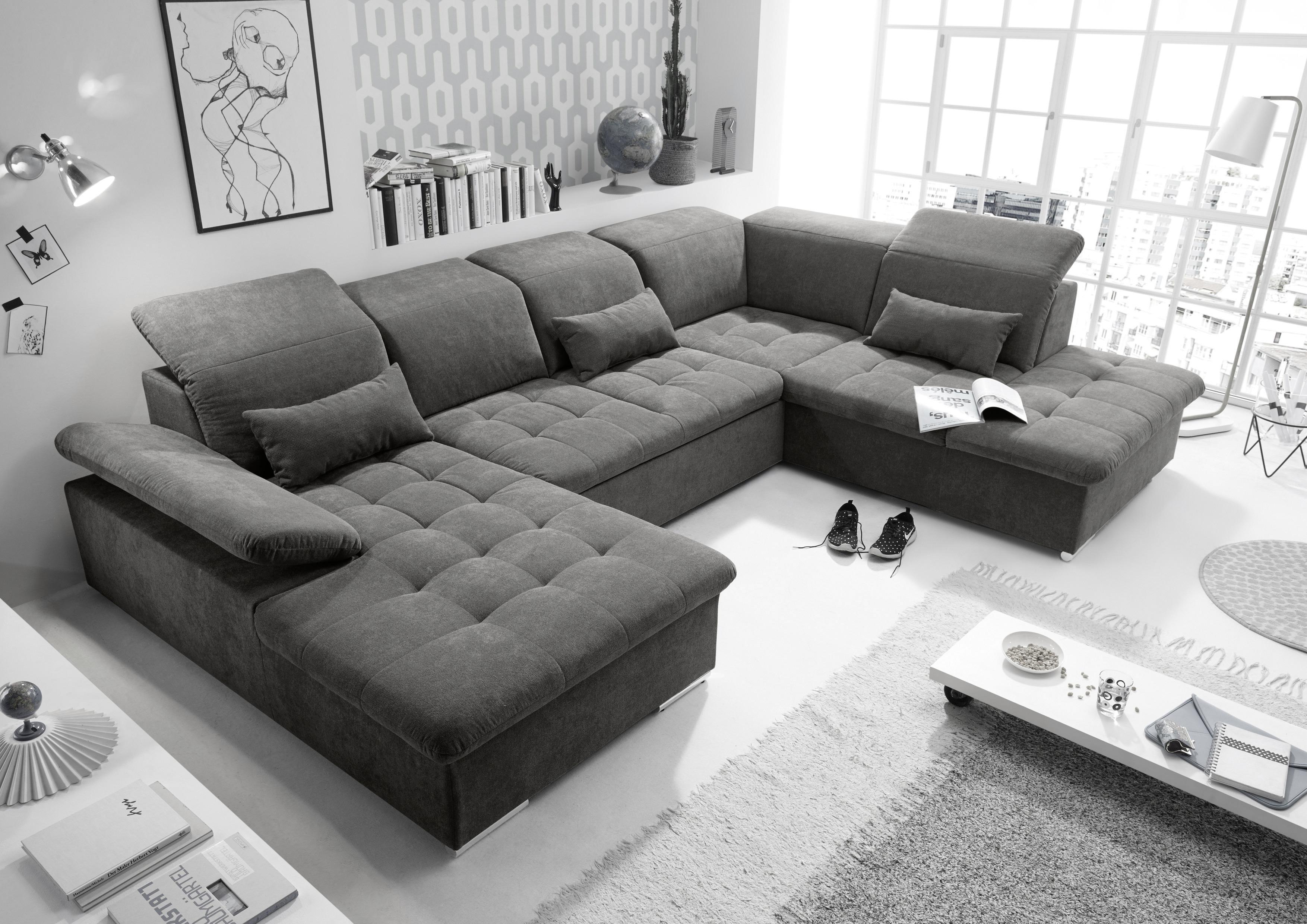 Wohnlandschaft Wayne U inkl. Kissen Dunkelgrau - Dunkelgrau/Silberfarben, KONVENTIONELL, Kunststoff/Textil (188/340/240cm) - MID.YOU
