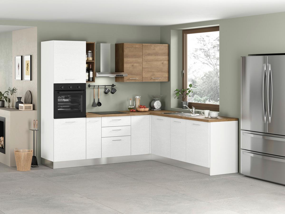 Eckküche Dafne ca. 250x225cm Weiß/Nussbaumfarben - Edelstahlfarben/Nussbaumfarben, LIFESTYLE, Holzwerkstoff/Kunststoff (250/225cm) - MID.YOU