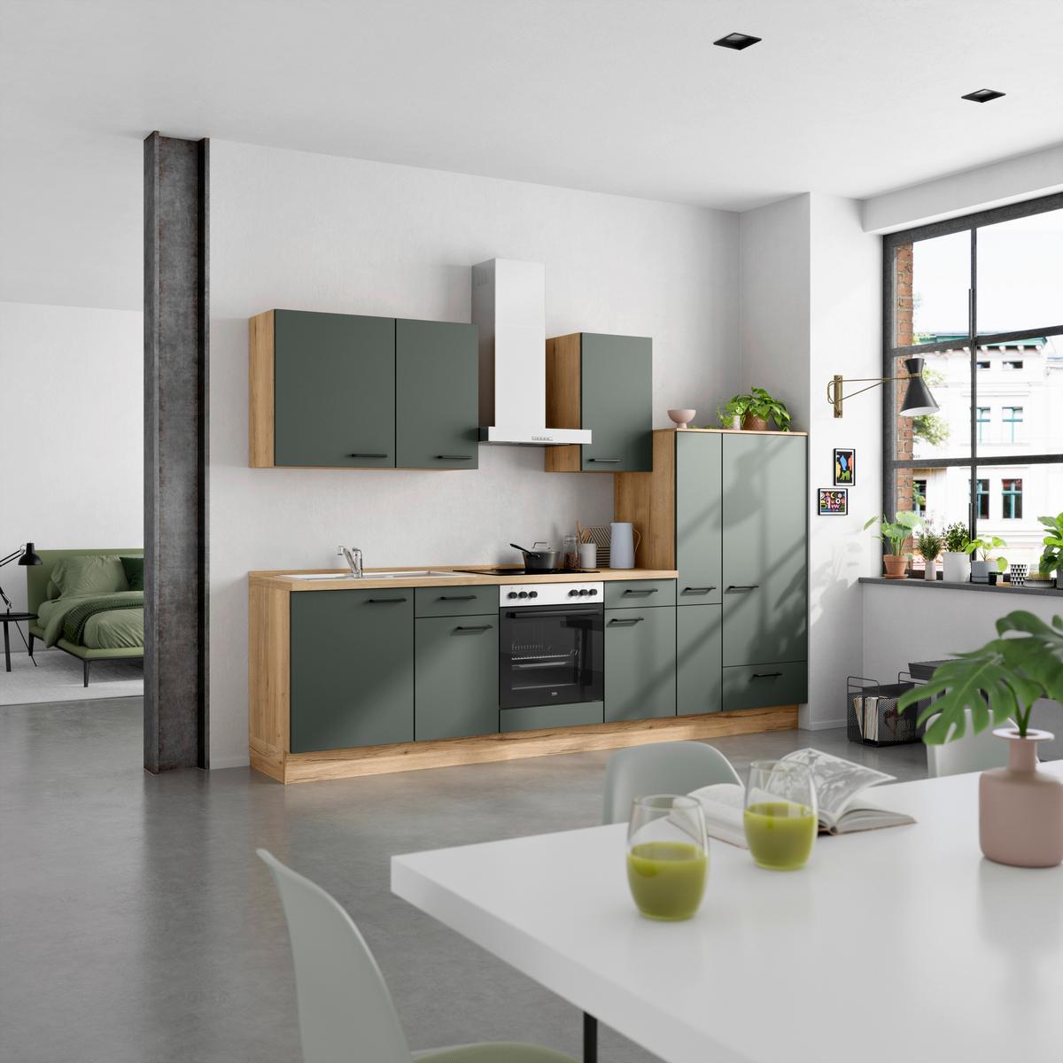 Küchenblock Easytouch Low m. Geräten Dunkelgrün - Dunkelgrün/Eichefarben, MODERN, Holzwerkstoff/Metall (300cm) - Nobilia