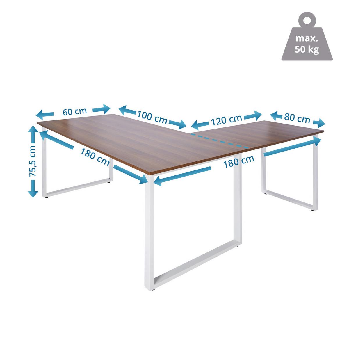 Kotna Pisalna Miza Workspace Xl I, Oreh - barva oreha/bela, Basics, kovina/leseni material (180/180/75,5cm) - MID.YOU