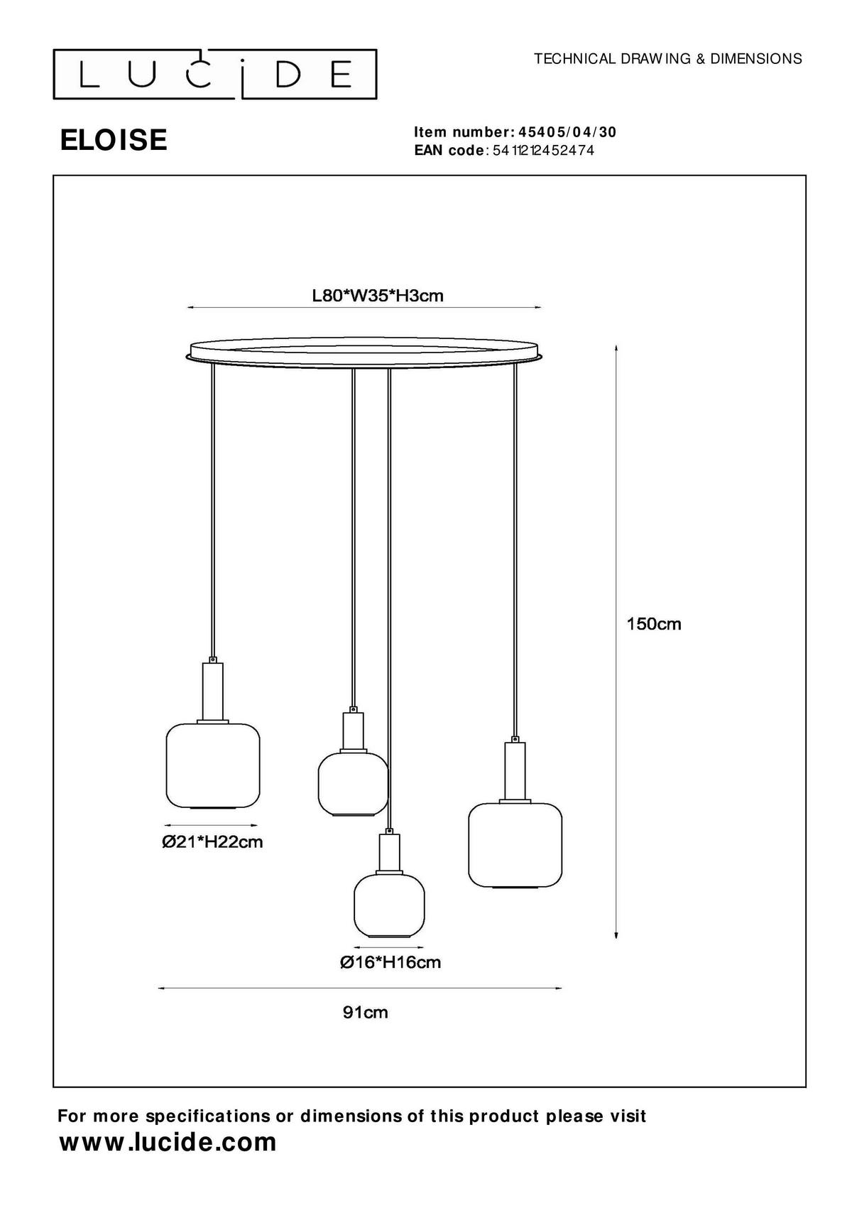 LAMPA ZWIESZANA LED 45405/04/30 ELOISE - czarny, Design, szkło (93/41/150cm) - Lucide