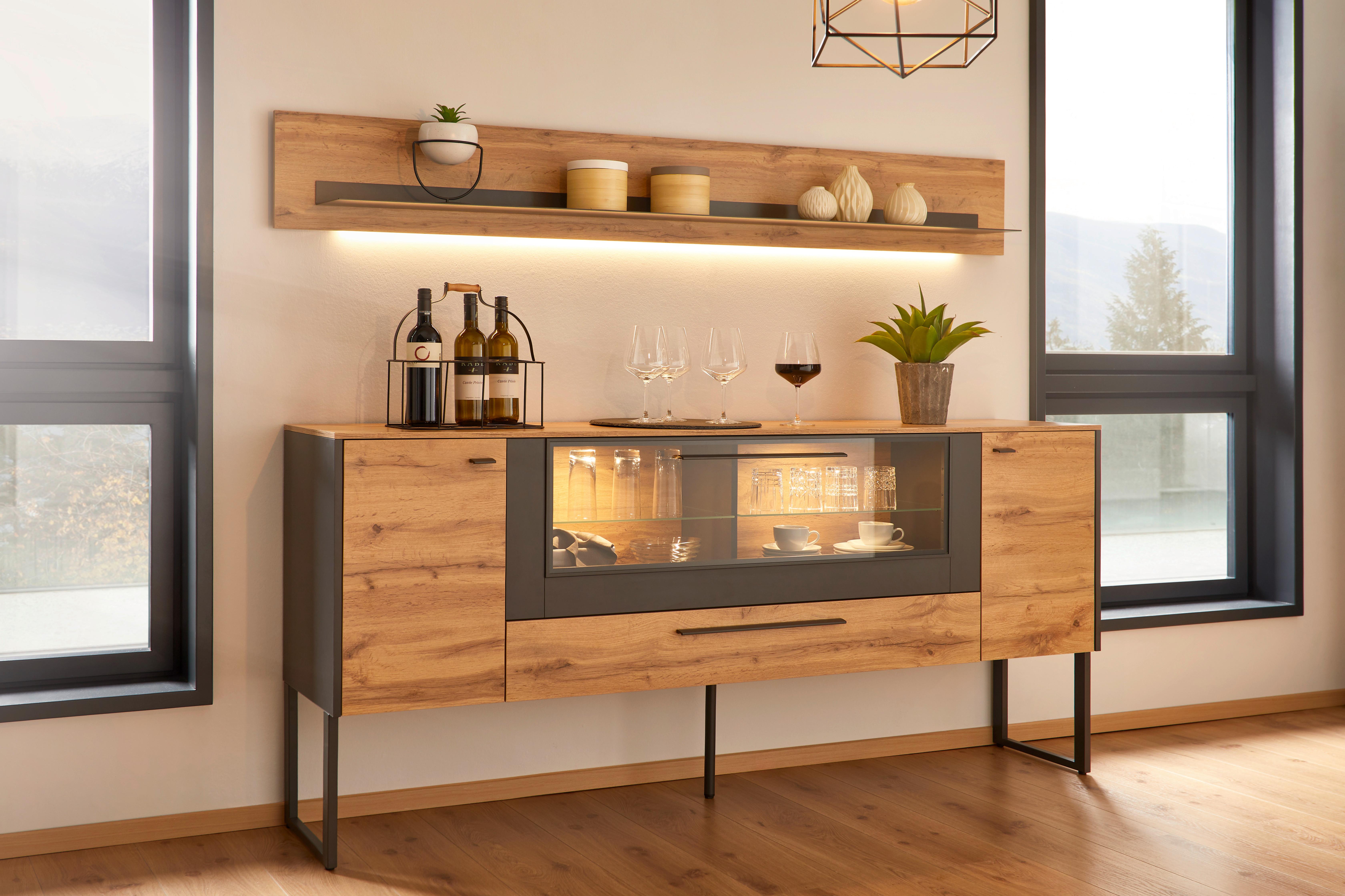Sideboard in Eichefarben - Schieferfarben/Eichefarben, Modern, Holzwerkstoff/Metall (197/91/40cm) - Premium Living