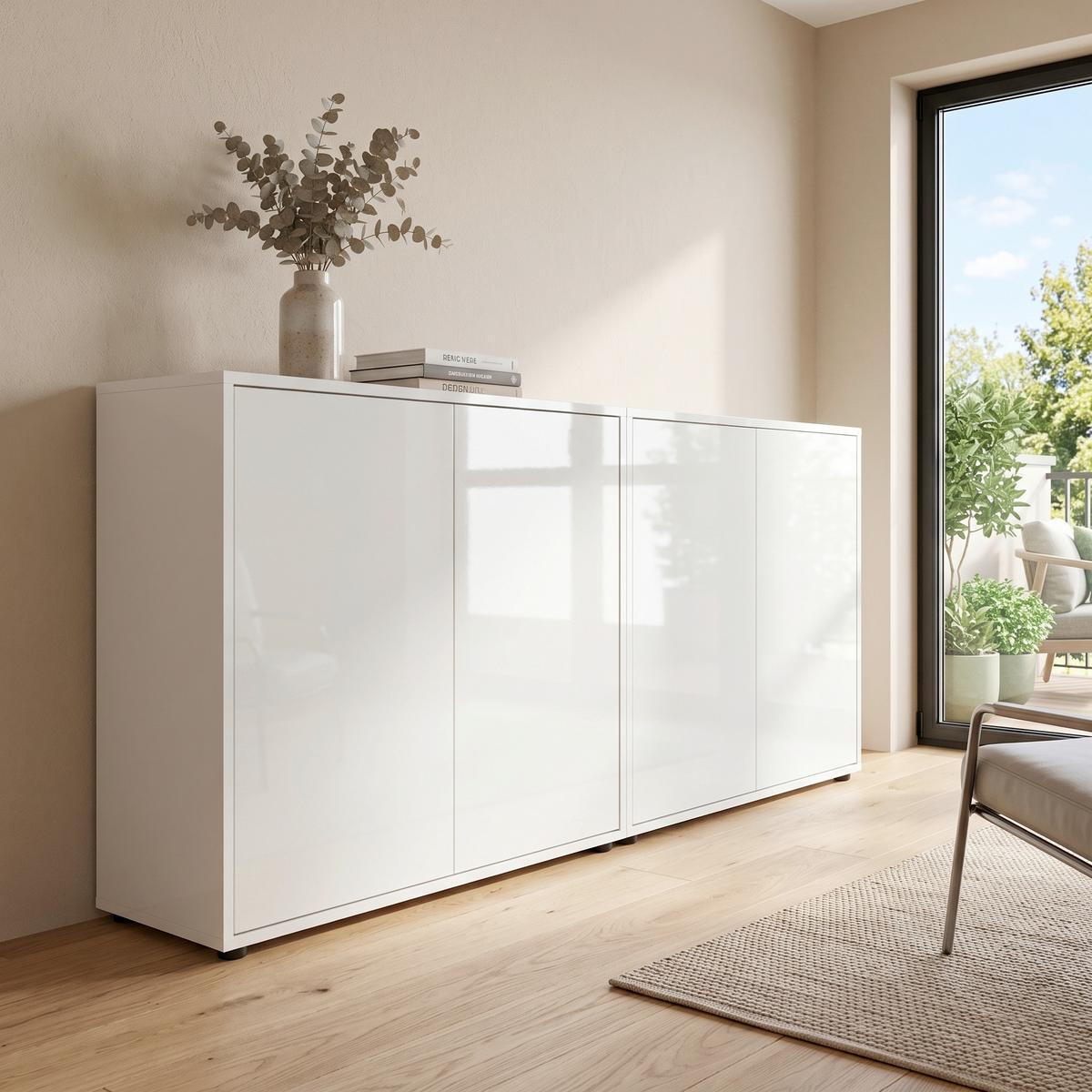 Sideboard Mailand Set 2 Weiß - Weiß Hochglanz/Schwarz, MODERN, Holzwerkstoff/Kunststoff (158/73/33cm) - MID.YOU
