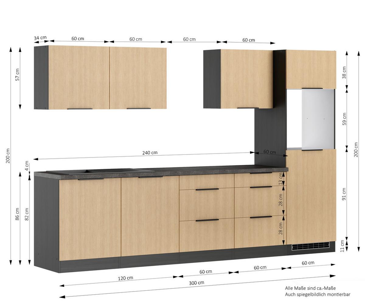 Küchenleerblock Glasgow o. Geräte Graphit/Eiche - Eichefarben/Graphitfarben, LIFESTYLE, Holzwerkstoff/Metall (300cm) - Held