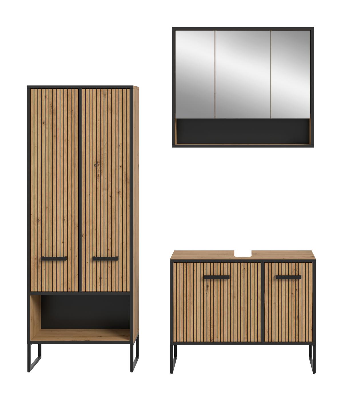 Badezimmer Bagno 3-tlg. Eiche Artisan/Schwarz - Schwarz/Eiche Artisan, Trend, Glas/Holzwerkstoff (139cm) - MID.YOU