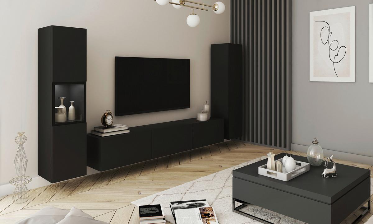 Dnevni Regal Berlin Iii, Črna Mat, Osvetlitev, 3-Delni - črna/siva, Design, steklo/leseni material (240/130/31cm) - MID.YOU