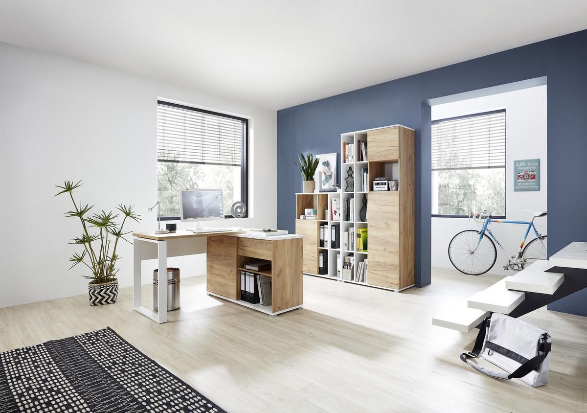 Eckschreibtisch mit Stauraum B 120cm H 117cm GW-Lioni Eiche - Eichefarben/Weiß, Design, Holzwerkstoff/Metall (120/75/117cm) - Germania