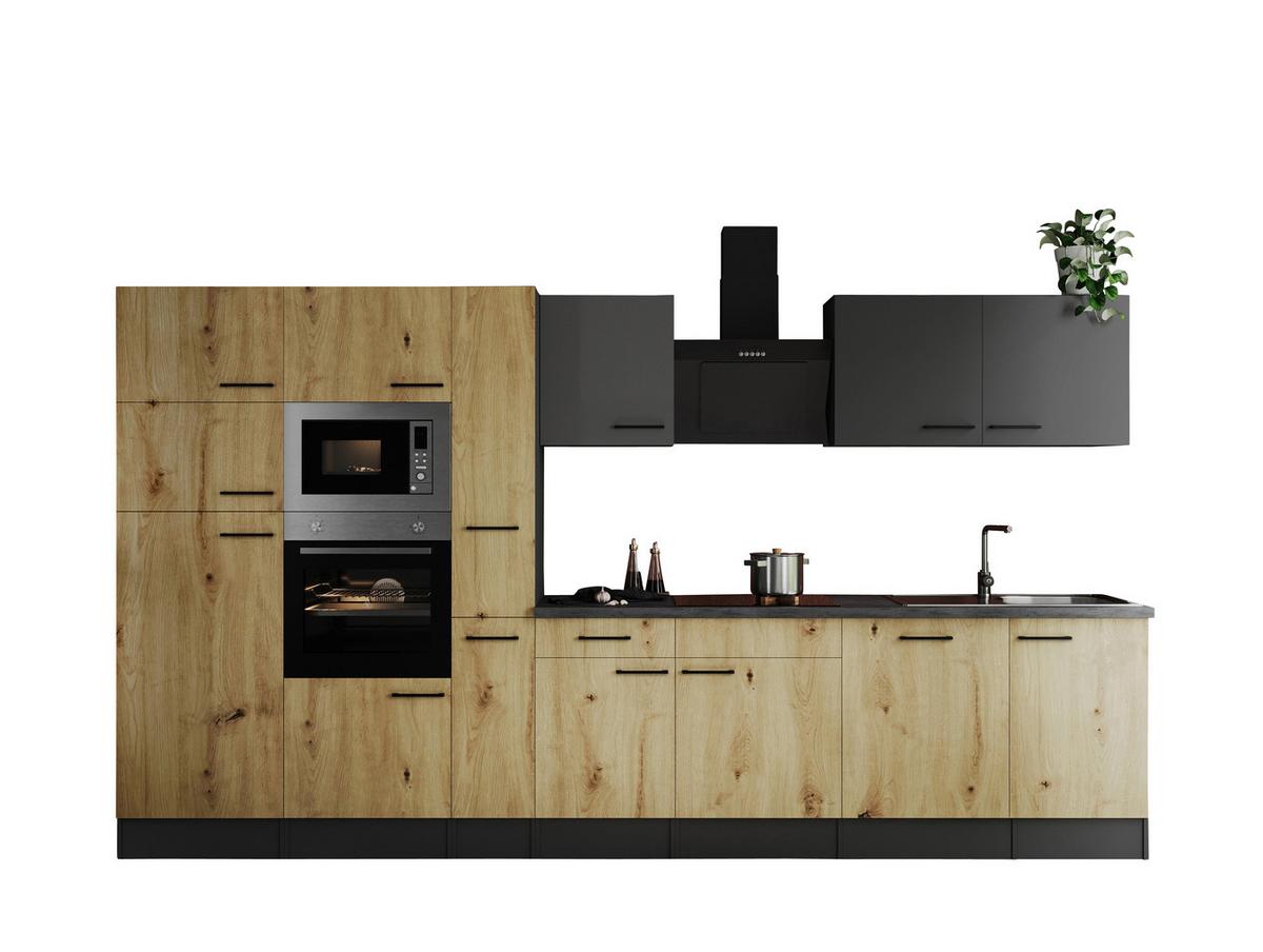 Küchenblock Oliver m. Geräten Grau/Eiche Artisan - Schwarz/Eiche Artisan, Design, Holzwerkstoff/Metall (370cm) - Respekta