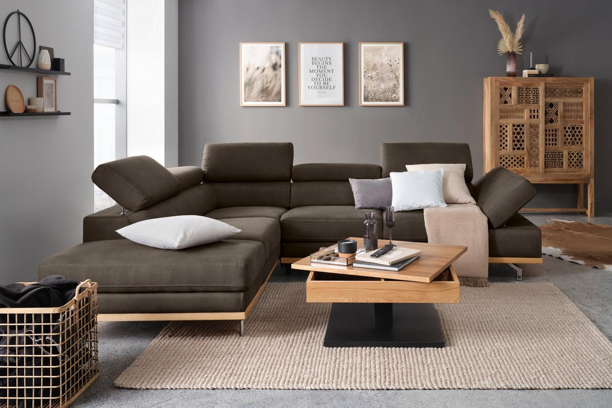 Wohnlandschaft Carmen Graublau - Graublau/Schwarz, MODERN, Leder/Holz (292/72/226cm) - Premium Living