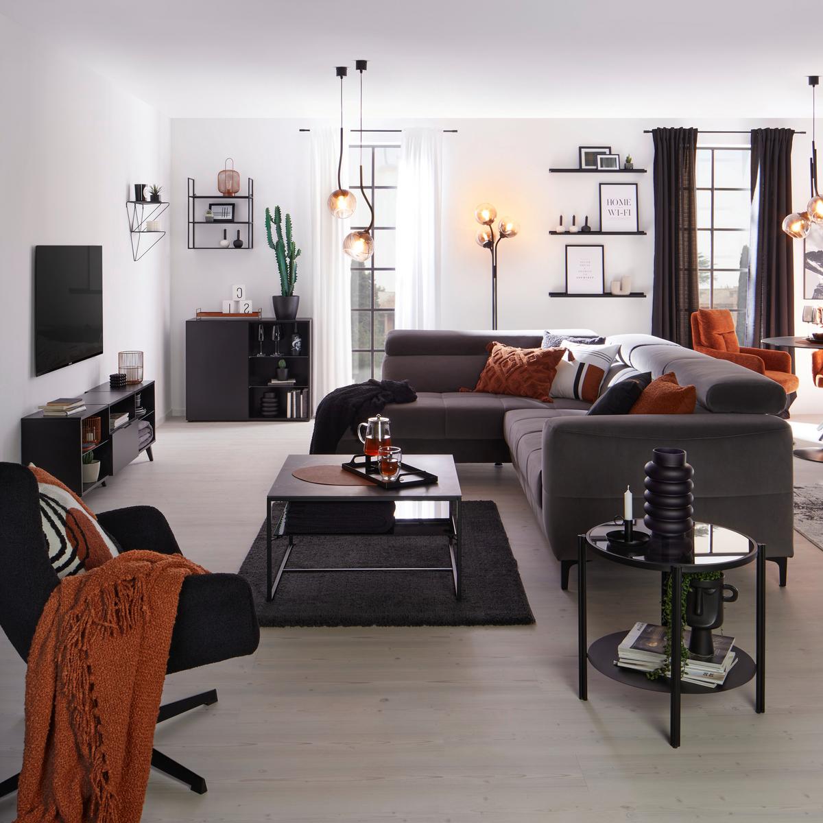 Wohnlandschaft Emma links Grau - Schwarz/Grau, MODERN, Textil (210/47/301cm) - Premium Living