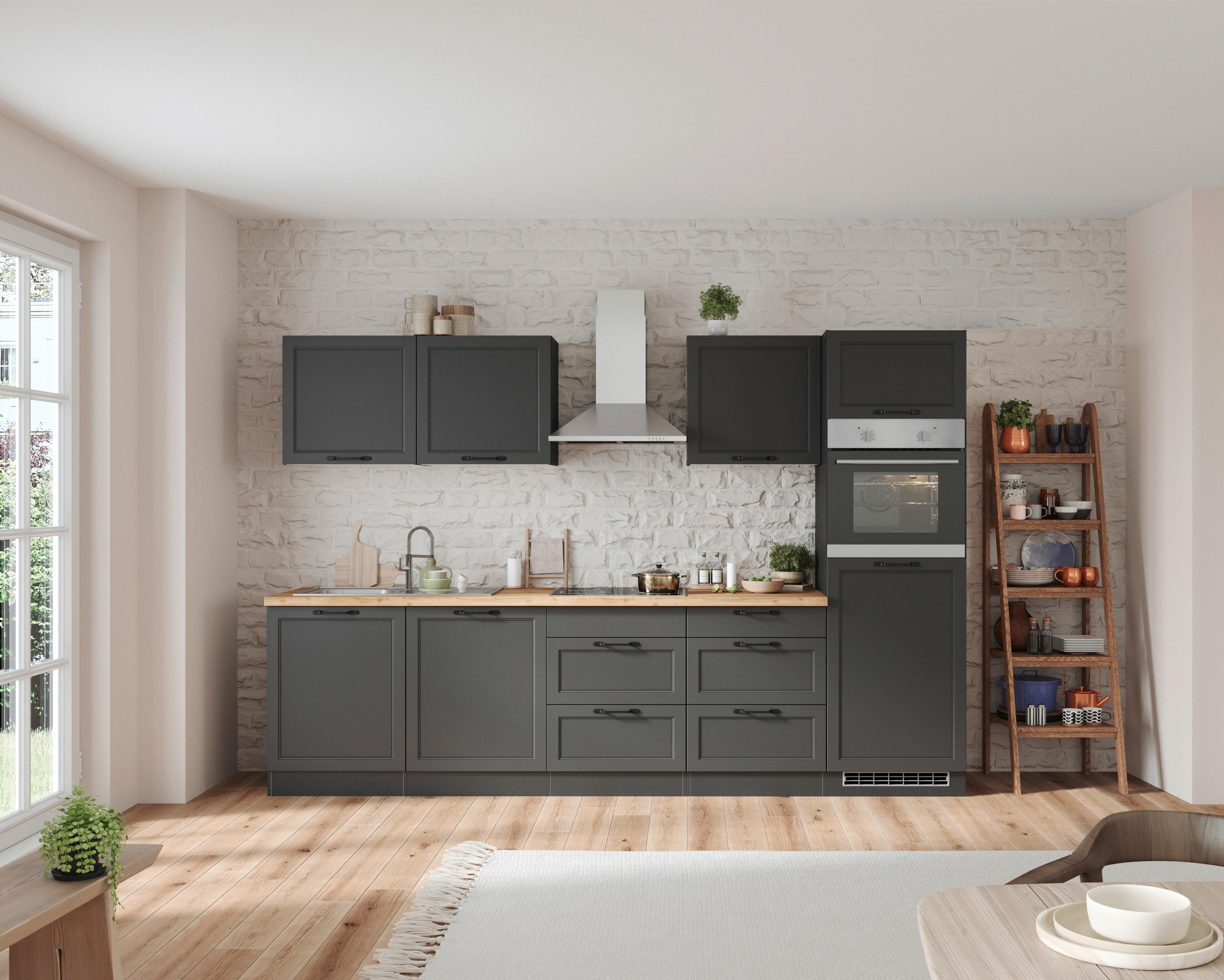 Küchenzeile Meran ohne Geräte ca. 300 cm Grau/Eiche - Eiche Wotan/Schwarz, LIFESTYLE, Holzwerkstoff/Metall (300cm) - Held
