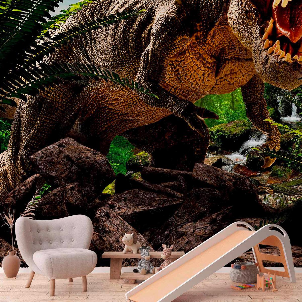 Fototapeta Angry Tyrannosaur, 450x315cm - zelena/rjava, Basics, tekstil (450/315cm) - artgeist