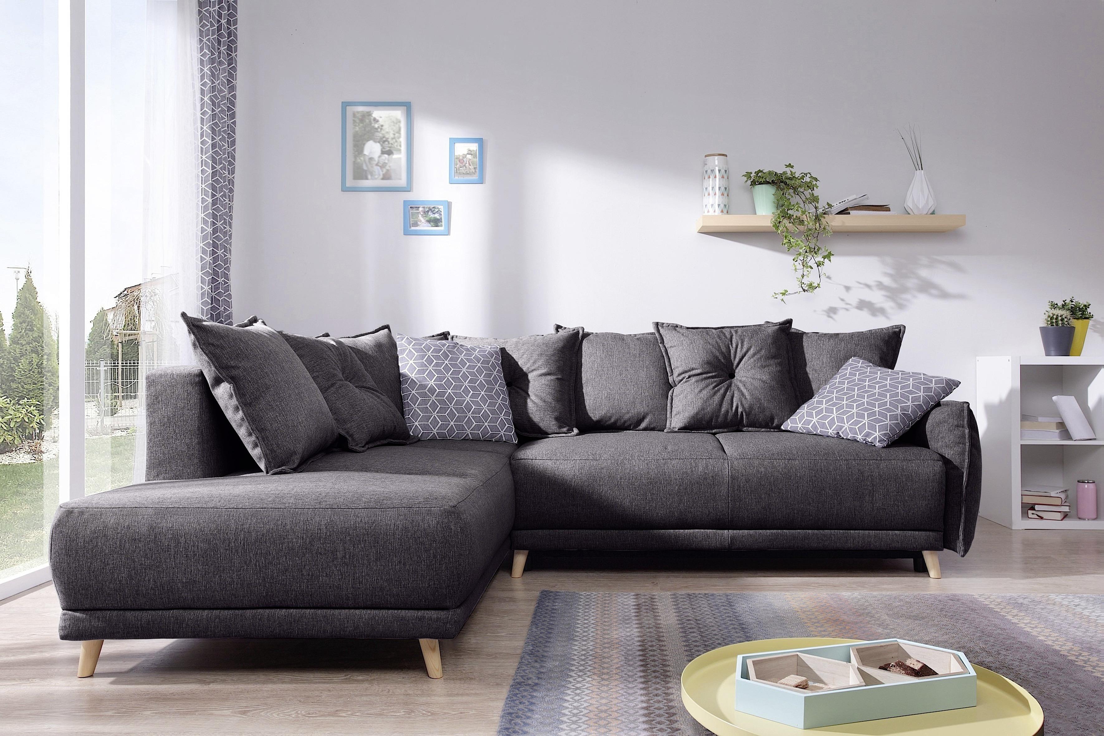 Eckschlafsofa in Dunkelgrau ´LAZY LUKKA DUNKELGRAU´ - Dunkelgrau/Hellgrau, Basics, Holz/Textil (190/235cm) - MID.YOU