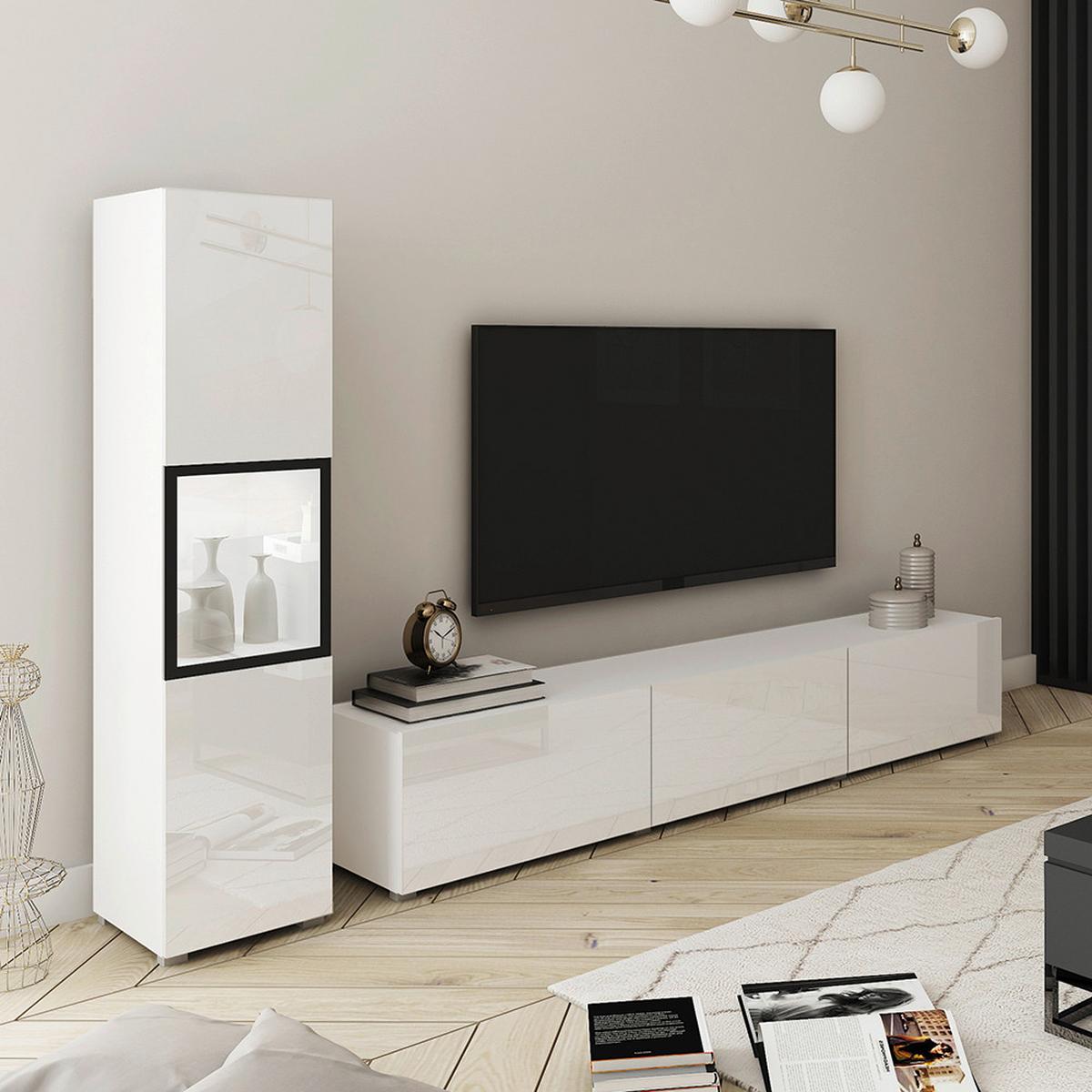 Wohnwand Berlin Weiß/Hochglanz - Weiß Hochglanz/Weiß, Design, Glas/Holzwerkstoff (210/130/32,5cm) - P & B