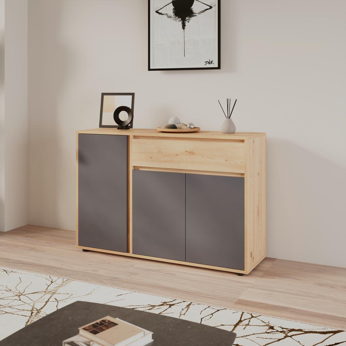 Široka Komoda Caneva, Barva Hrasta, Antracit - črna/antracit, Moderno, umetna masa/leseni material (128/86/40,3cm) - Modern Living