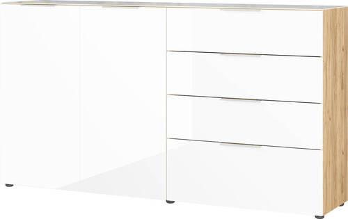 Sideboard Oakland in Weiß/Eichefarben - Chromfarben/Eichefarben, MODERN, Glas/Holzwerkstoff (184/102/42cm) - Premium Living