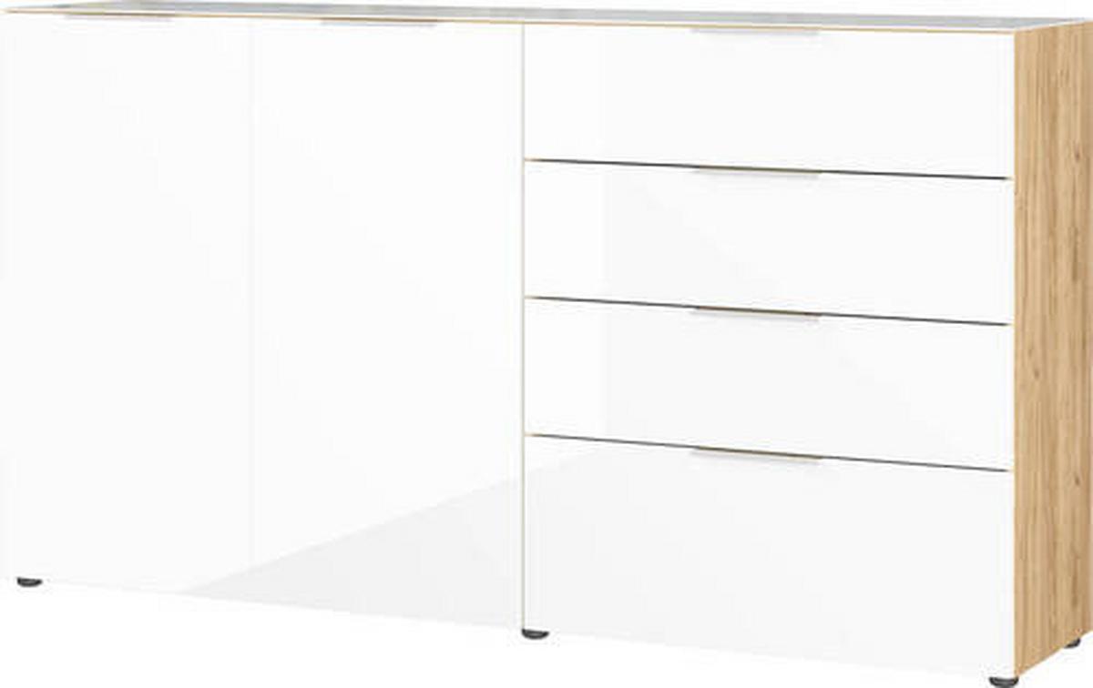 Sideboard Oakland in Weiß/Eichefarben - Chromfarben/Eichefarben, MODERN, Glas/Holzwerkstoff (184/102/42cm) - Premium Living