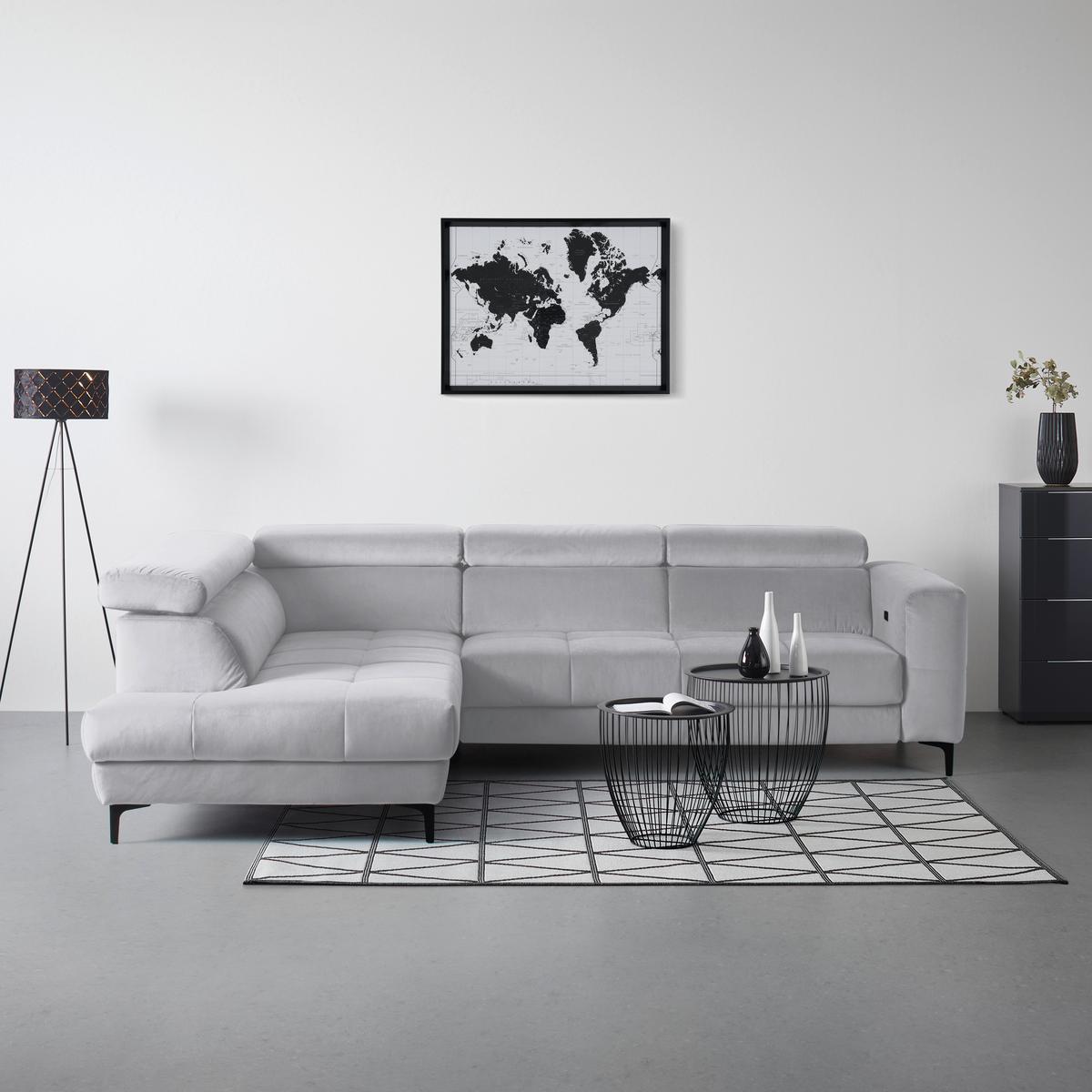 Ecksofa Emma links Grauweiß - Grauweiß/Schwarz, MODERN, Textil (210/301cm) - Premium Living