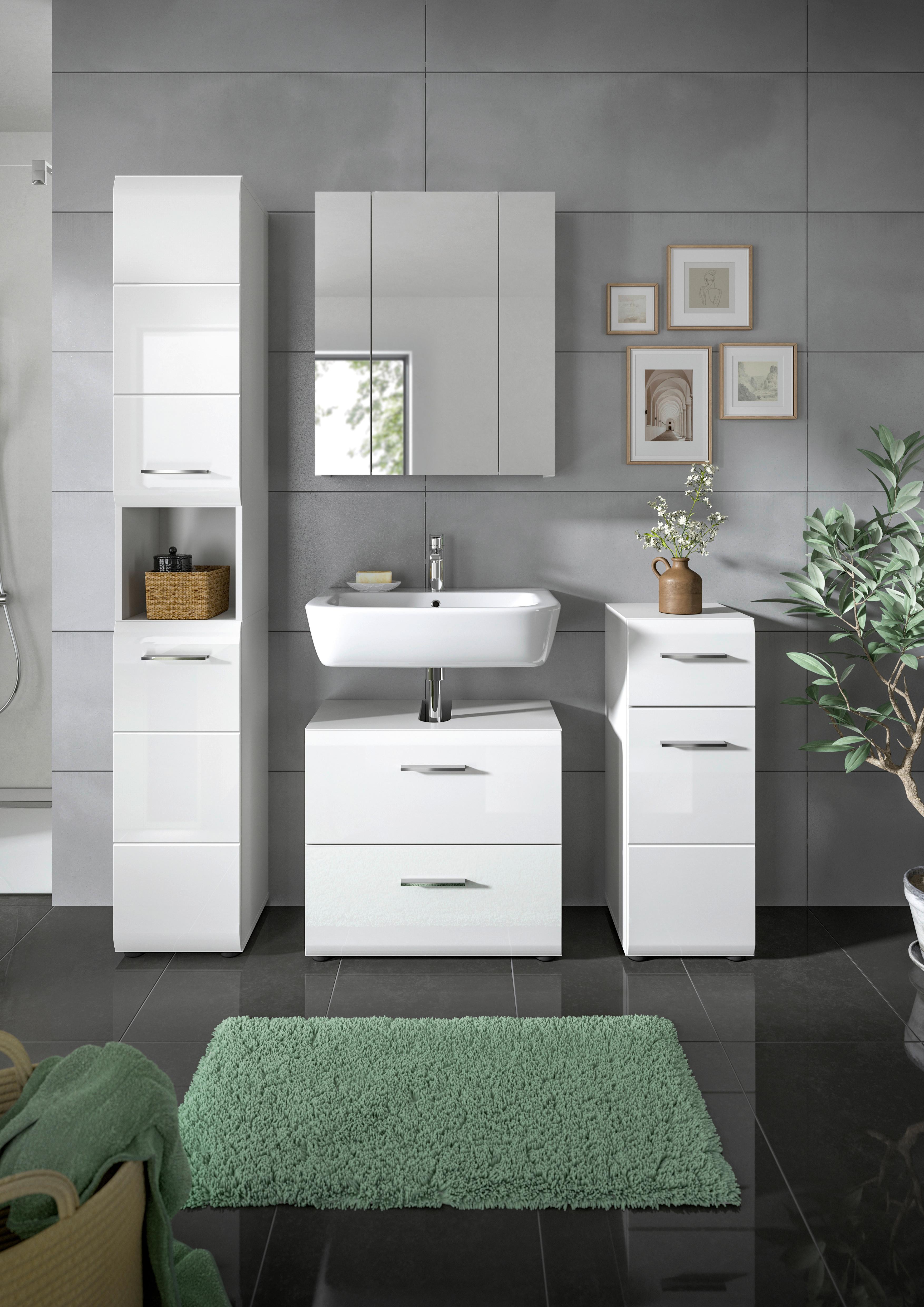 Badezimmer Ice 4-tlg. ca. 120 cm Weiß - Weiß Hochglanz/Silberfarben, MODERN, Holzwerkstoff/Kunststoff (120cm) - MID.YOU