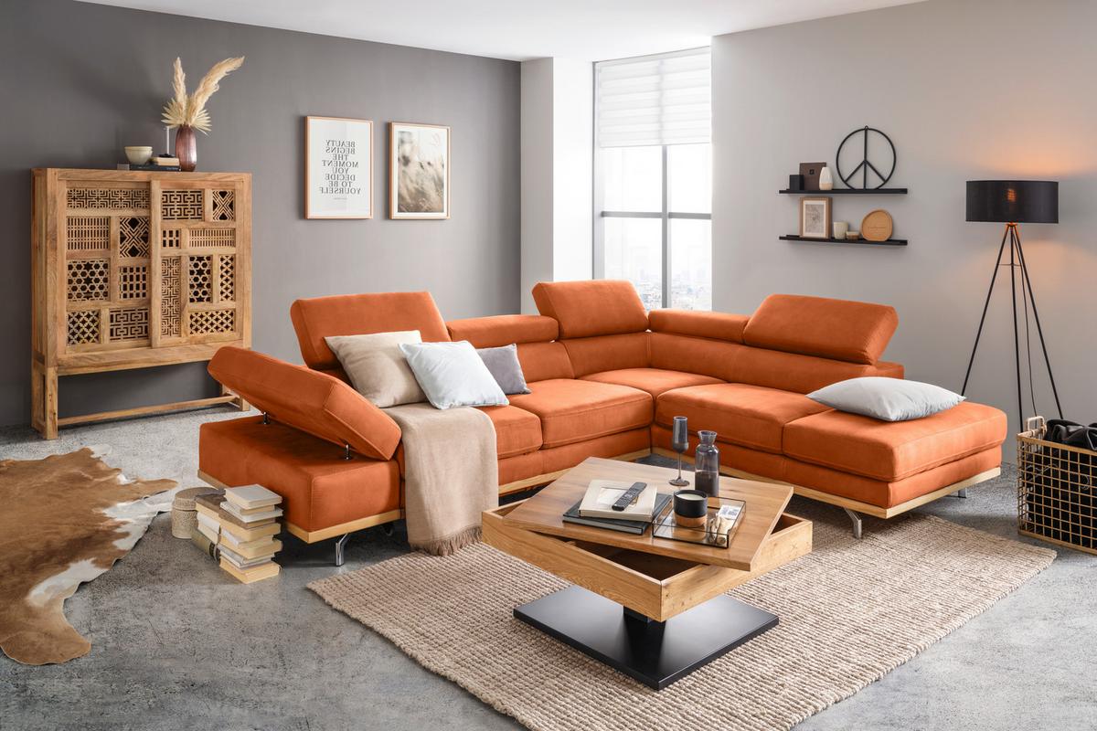 Ecksofa Carmen Orange - Chromfarben/Schwarz, KONVENTIONELL, Holz/Textil (292/72/226cm) - Premium Living