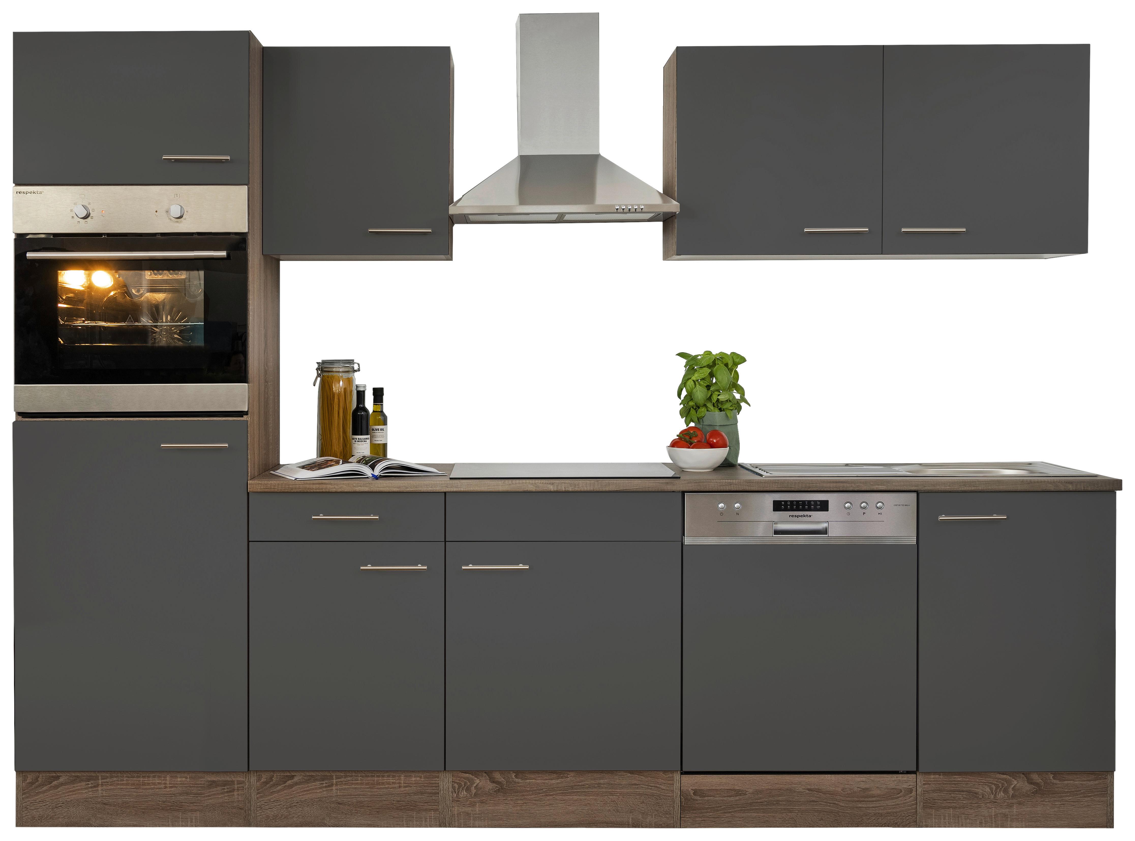 Küchenzeile mit Geräte Grau/Eiche Dekor B: ca. 280 cm - Edelstahlfarben/Eichefarben, Design, Holzwerkstoff/Metall (280cm) - Respekta