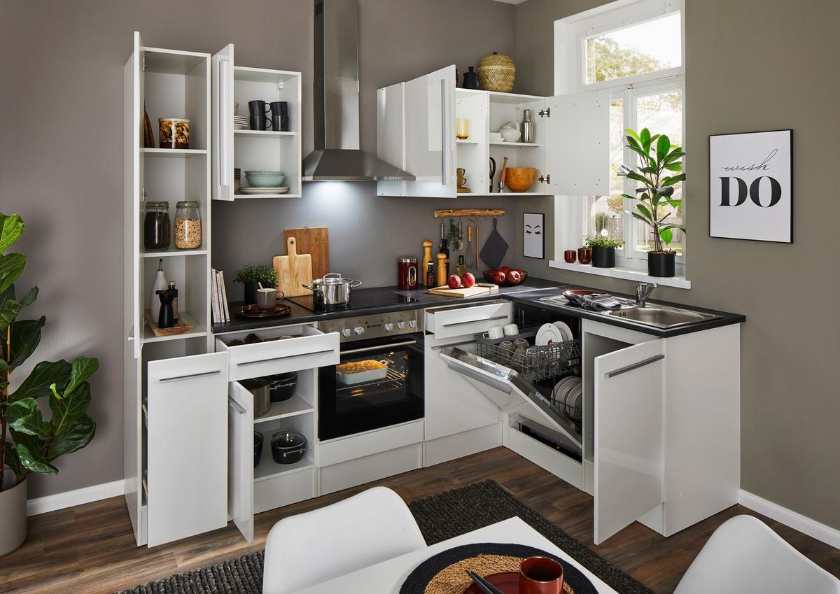 Eckküche Jazz mit Geräten ca.250x175cm Weiß Hochglanz - Weiß Hochglanz/Dunkelgrau, LIFESTYLE, Holzwerkstoff/Kunststoff (250/175cm) - P & B