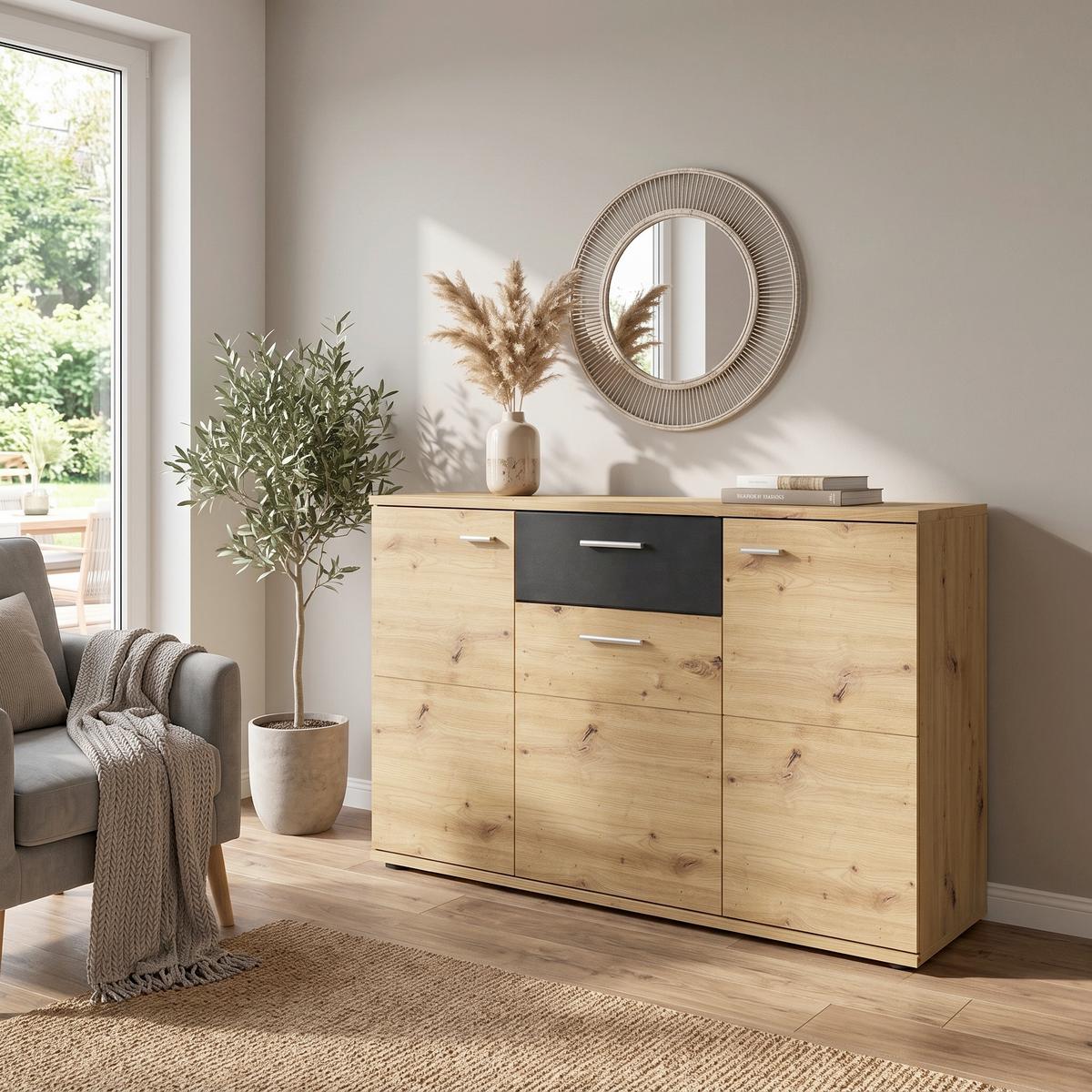 Komoda Nina - crna/hrast artisan, pločasti materijal/plastika (131/84/38cm) - Modern Living