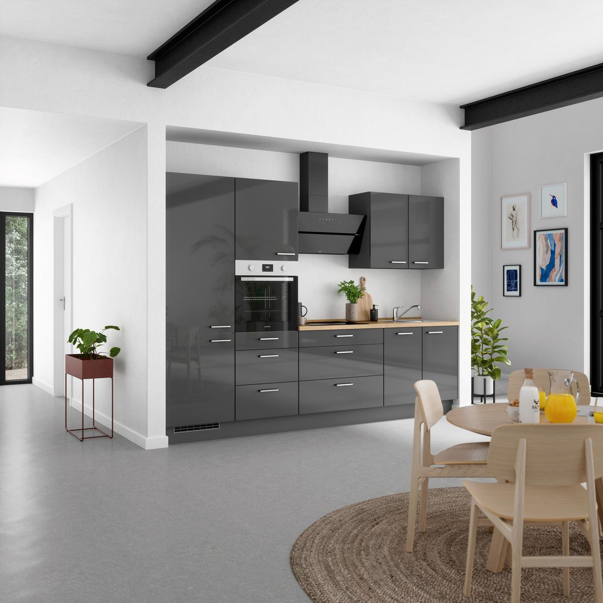 Küchenblock Flash m. Geräten Schieferfarben - Schieferfarben/Edelstahlfarben, MODERN, Holzwerkstoff/Metall (300cm) - Nobilia