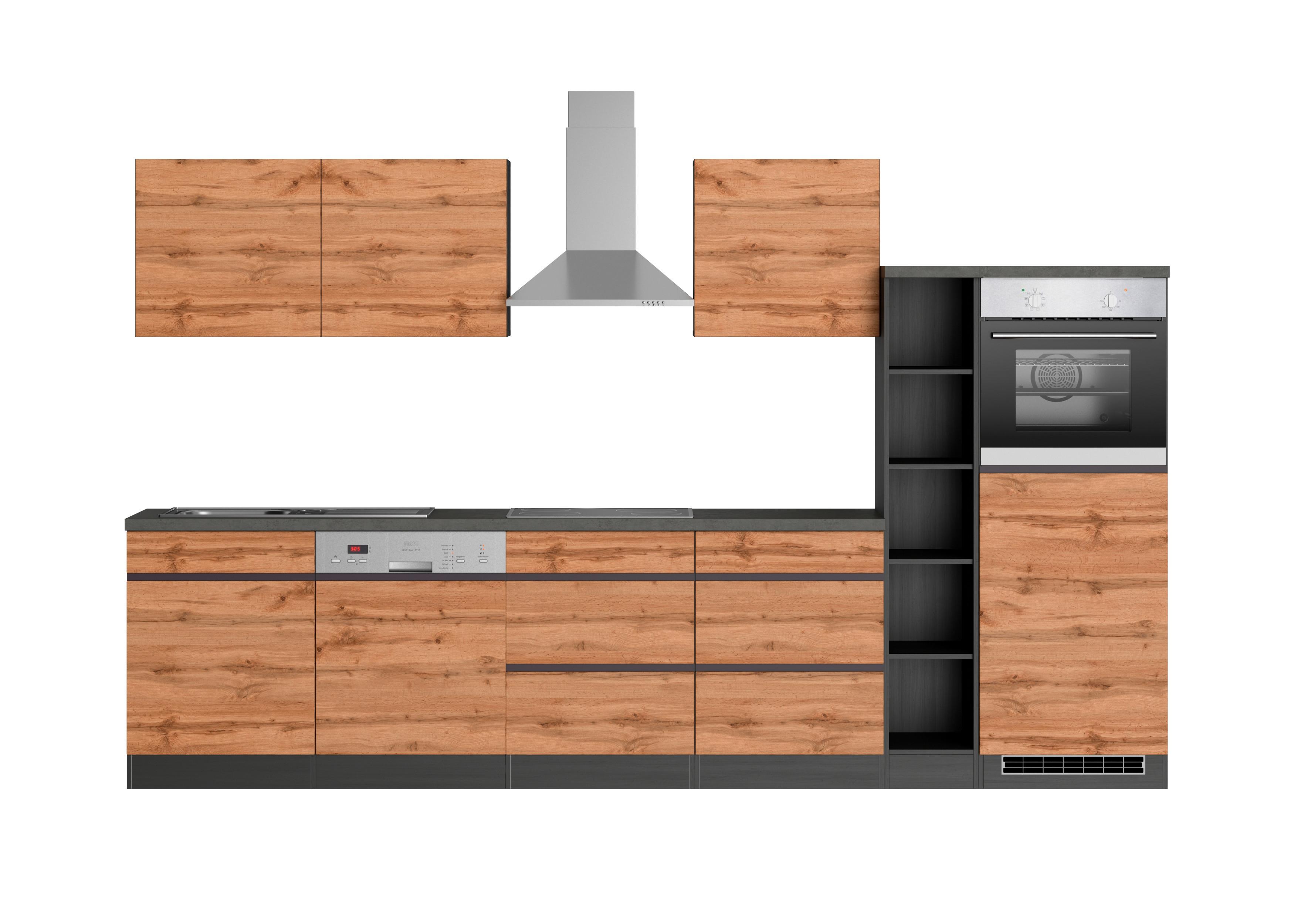 Küchenzeile Turin mit Geräten ca. 330 cm Graphit/Eiche - Eiche Wotan/Graphitfarben, Design, Holzwerkstoff (330cm) - Held