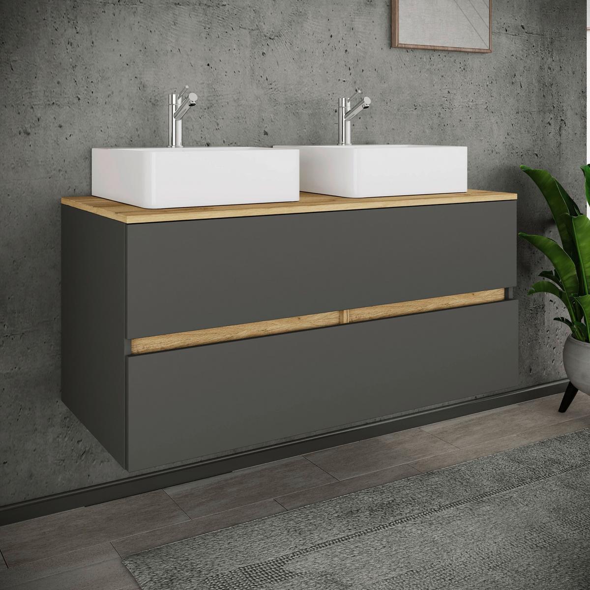 Badezimmer Cosila - Honigeiche/Weiss, Trend, Keramik/Holzwerkstoff (111cm) - MID.YOU