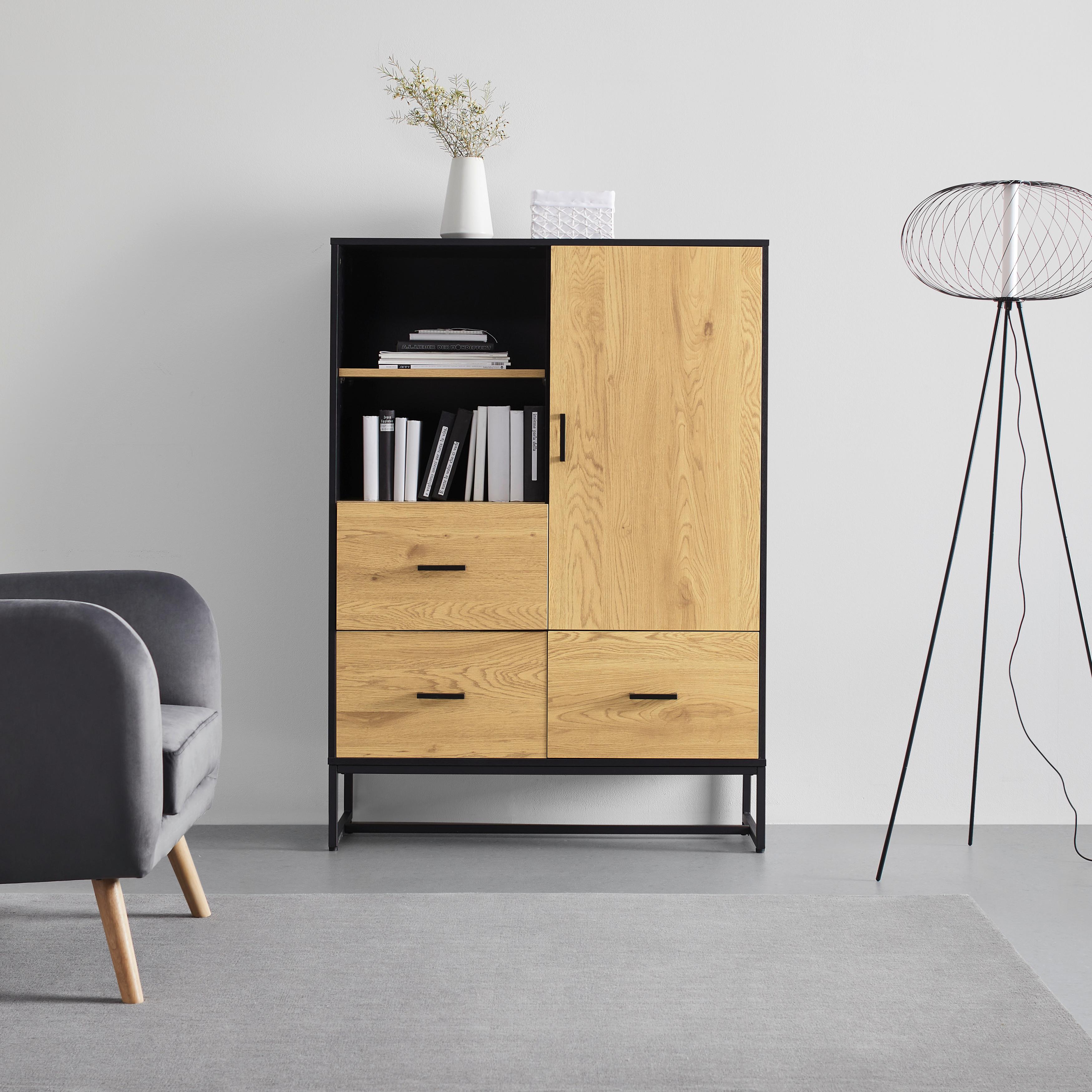 Sideboard "Giorgia", Eichefarben/Schwarz - Eichefarben/Schwarz, MODERN, Holzwerkstoff/Metall (100/140/40cm) - Bessagi Home