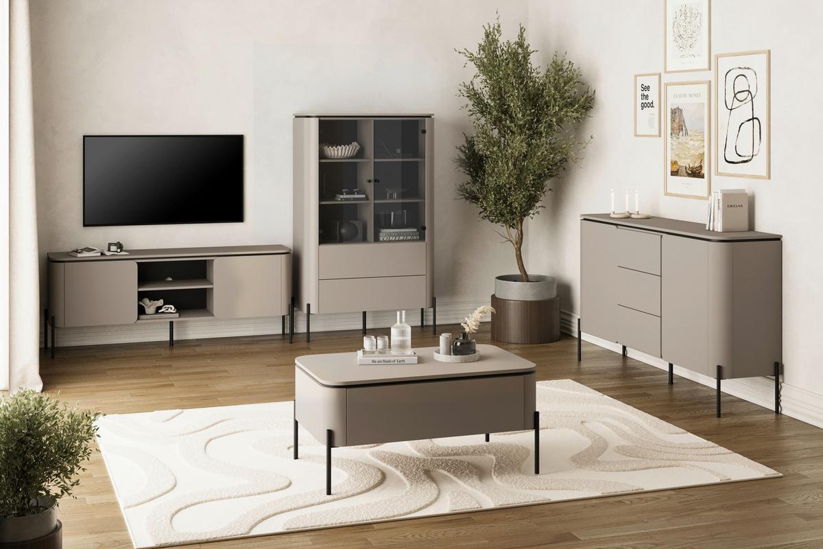 Vitrin Bello - bézs, Modern, faalapú anyag/Üveg (98/160/40cm)