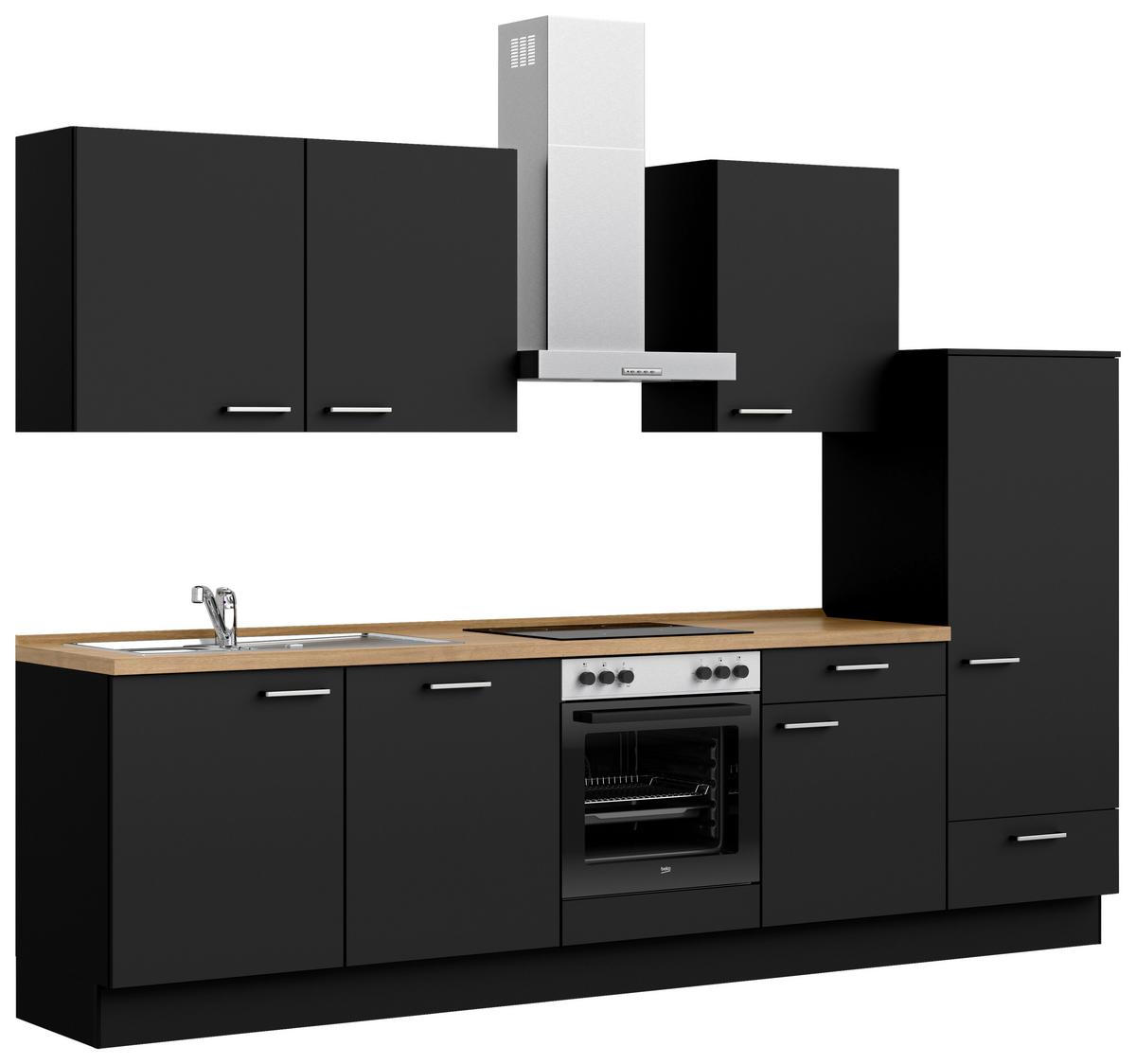 Küchenblock Touch Low m. Geräten Schwarz - Edelstahlfarben/Eichefarben, MODERN, Holzwerkstoff/Metall (300cm) - Nobilia