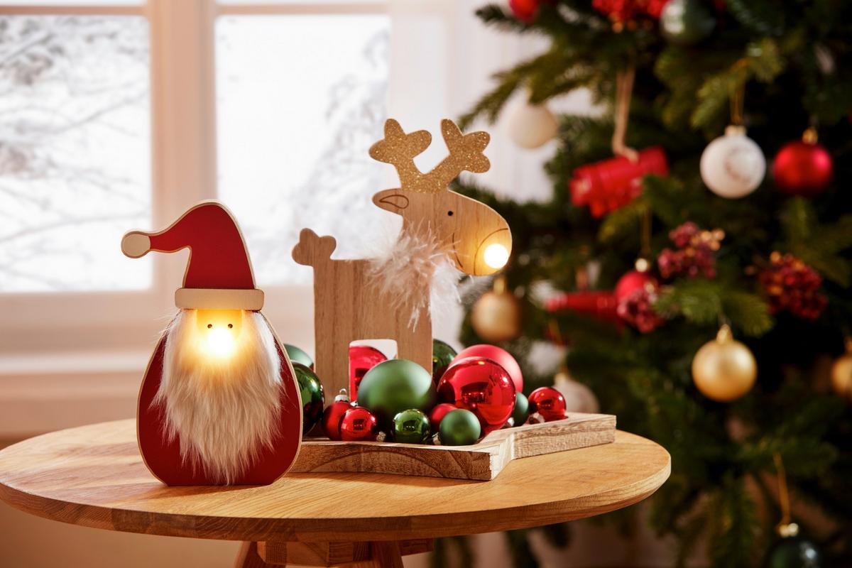 Led-díszlámpa Eckhard - bézs/piros, Konventionell, fa/szőrme (11/20/2cm)