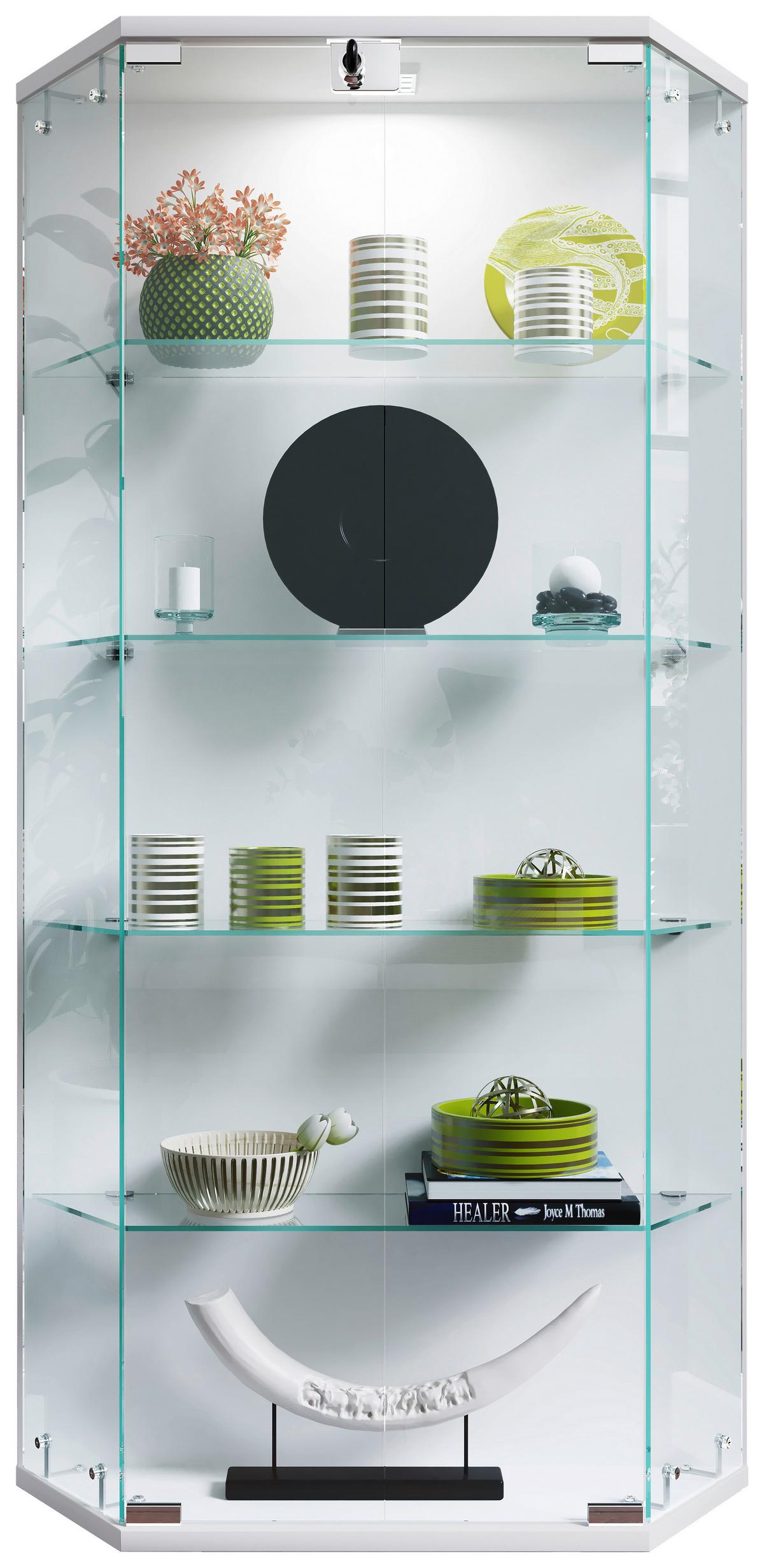 Vitrina Benila L, Bela - bela/prosojno, Design, steklo/leseni material (83/114/17cm) - MID.YOU