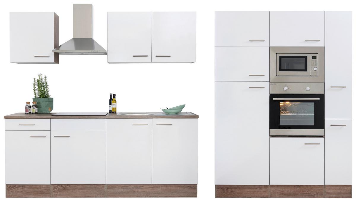 Küchenblock mit Geräten Weiß/Eiche B: ca. 360 cm - Edelstahlfarben/Eichefarben, Design, Holzwerkstoff/Metall (360cm) - Respekta