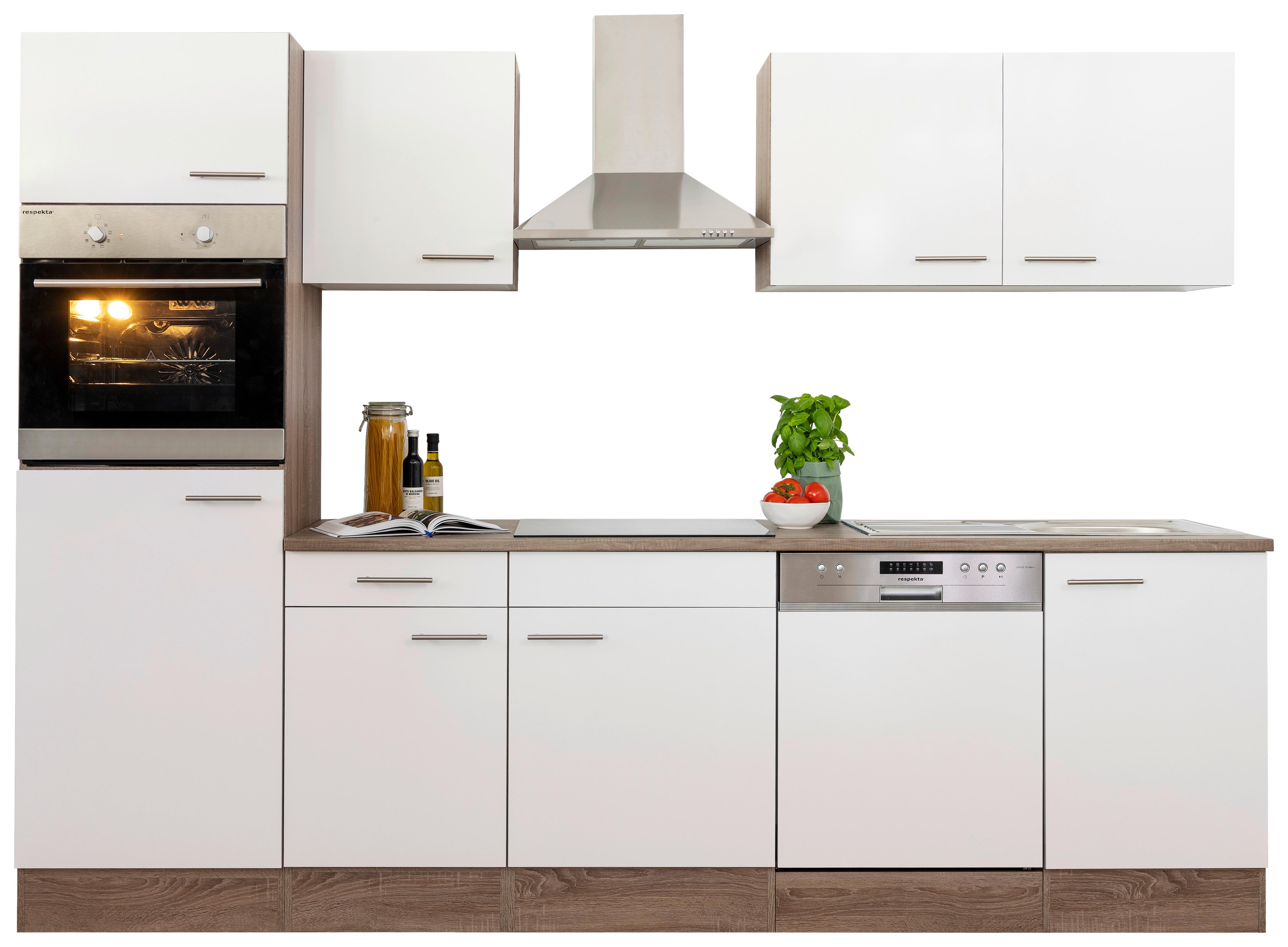Küchenzeile ohne Geräte Weiß/Eiche B: ca. 280 cm - Edelstahlfarben/Eichefarben, Basics, Holzwerkstoff/Metall (280/205/60cm) - Respekta