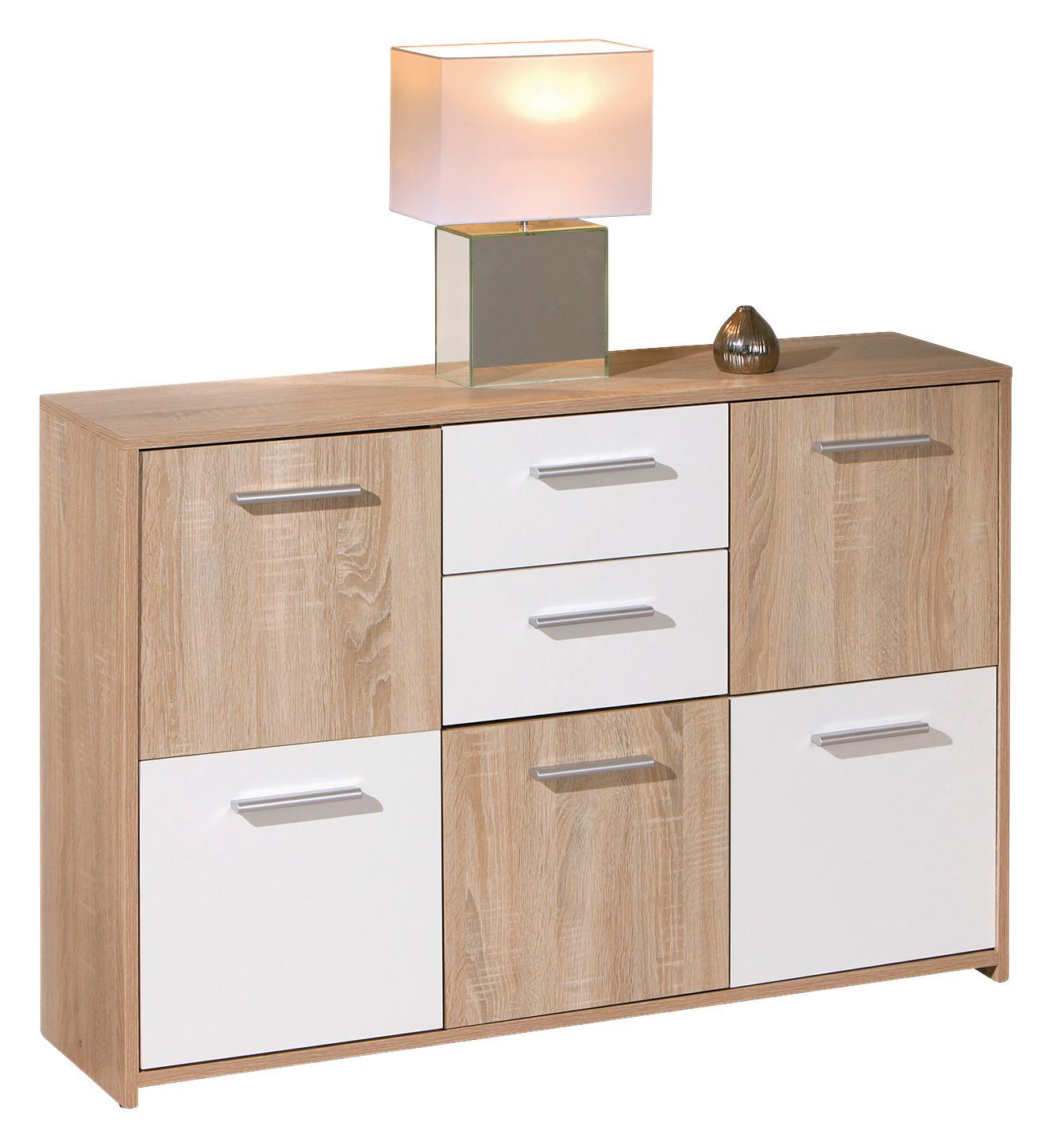 Kommode Elvezia Weiß/Eiche - Weiß/Sonoma Eiche, Basics, Holzwerkstoff/Kunststoff (115/77/30cm) - MID.YOU