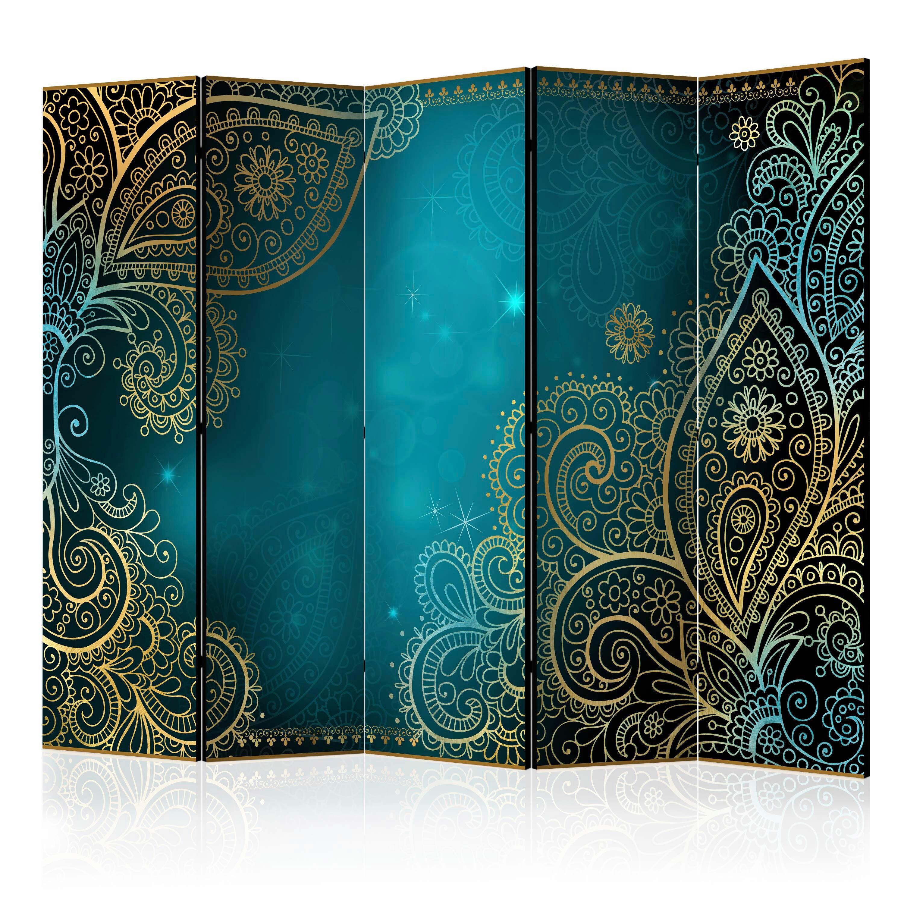 Paravan Oriental Wings I, 5-Delni, Enostranski - zlate barve/modra, Basics, tekstil/les (225/172/3cm) - artgeist
