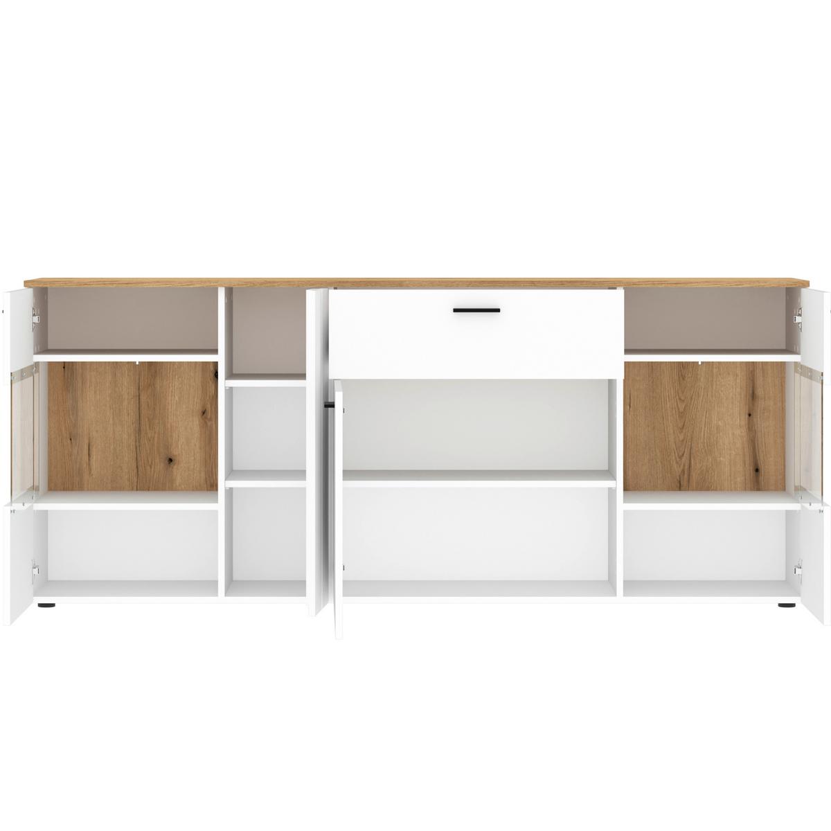 Comodă cu uși DALANO - alb/culoare lemn stejar, Trend, sticlă/material pe bază de lemn (199,1/83,4/42cm) - Modern Living