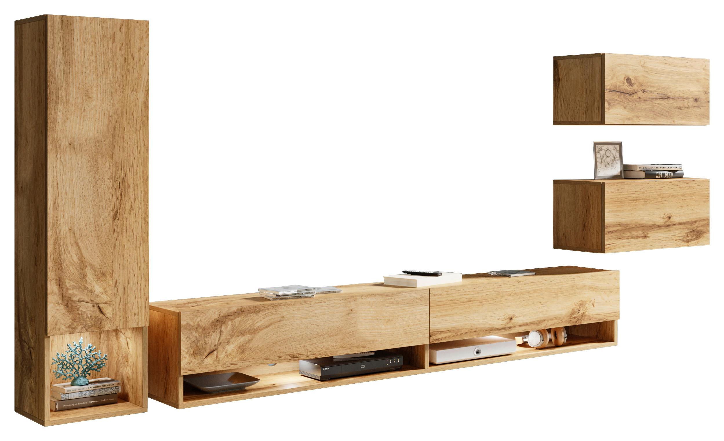 WOHNWAND ALBA EICHE WOTAN 4-TEILIG - Weiß Hochglanz/Eiche Wotan, LIFESTYLE, Holzwerkstoff (270/130/32,5cm) - P & B