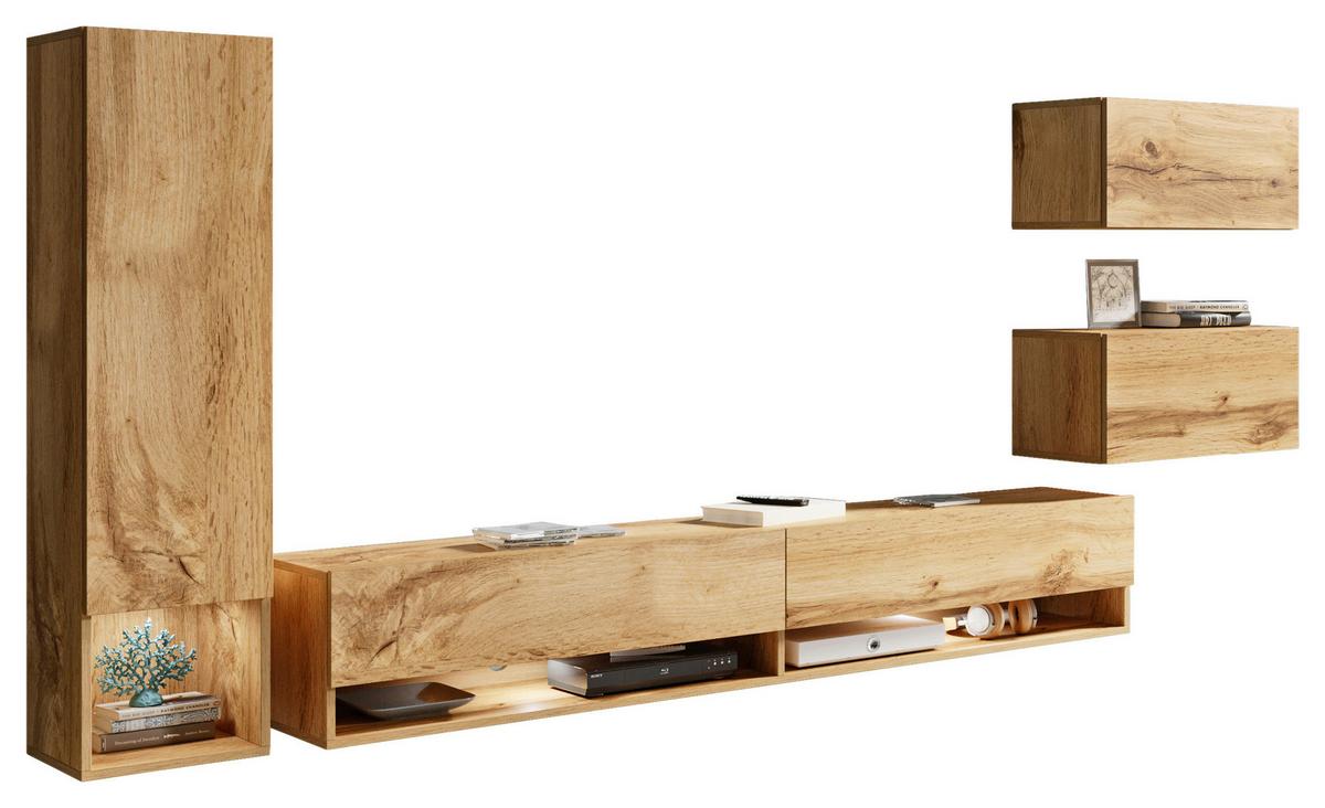 WOHNWAND ALBA EICHE WOTAN 4-TEILIG - Weiß Hochglanz/Eiche Wotan, LIFESTYLE, Holzwerkstoff (270/130/32,5cm) - P & B