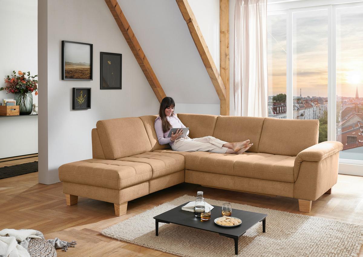 Sedežna Garnitura Pp-La23117 - bež/barve konjaka, Moderno, tekstil/leseni material (253/45/221cm) - Premium Living