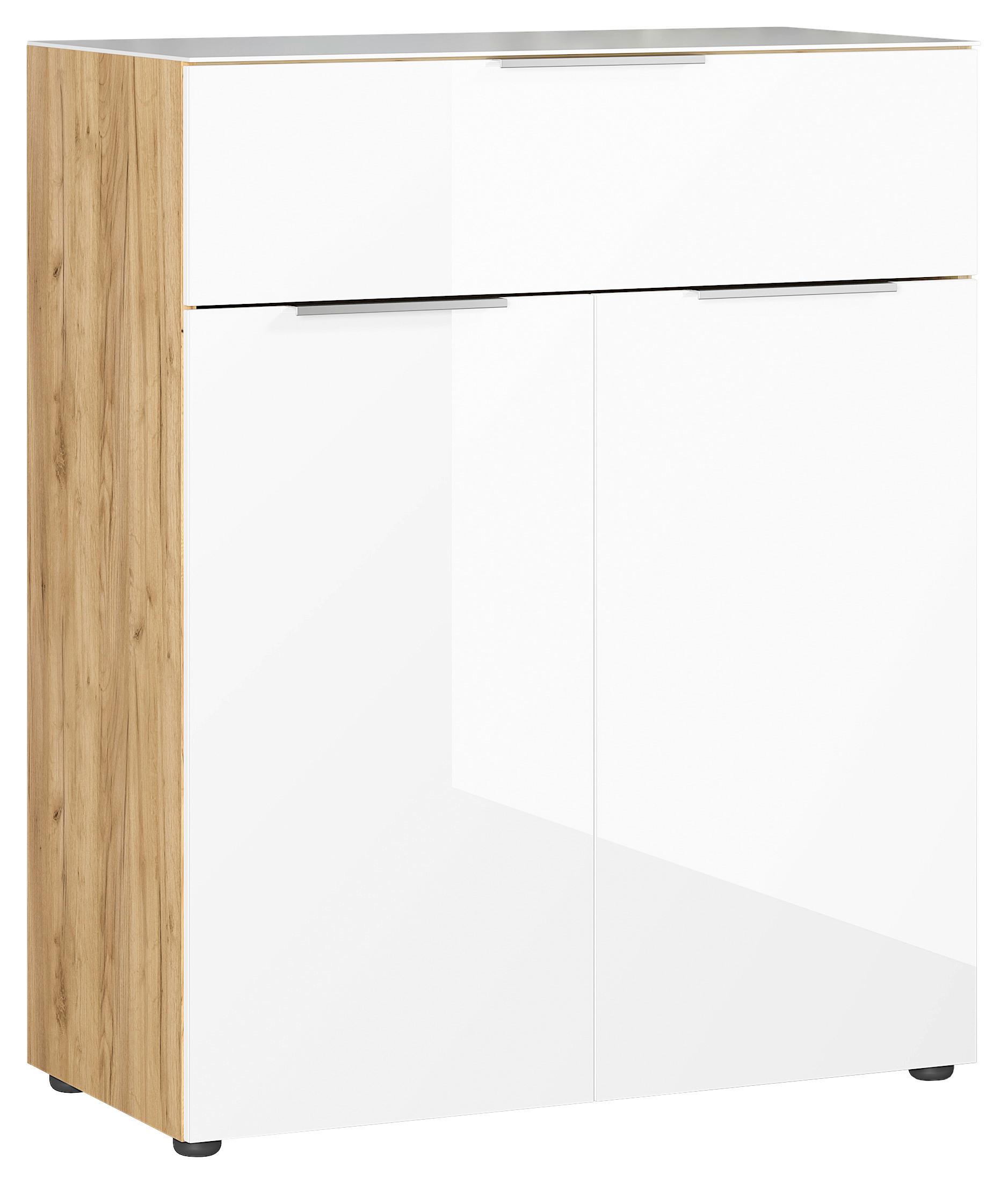 Kommode Oakland in Weiß/Eichefarben - Eichefarben/Silberfarben, MODERN, Glas/Holzwerkstoff (83/102/42cm) - Premium Living