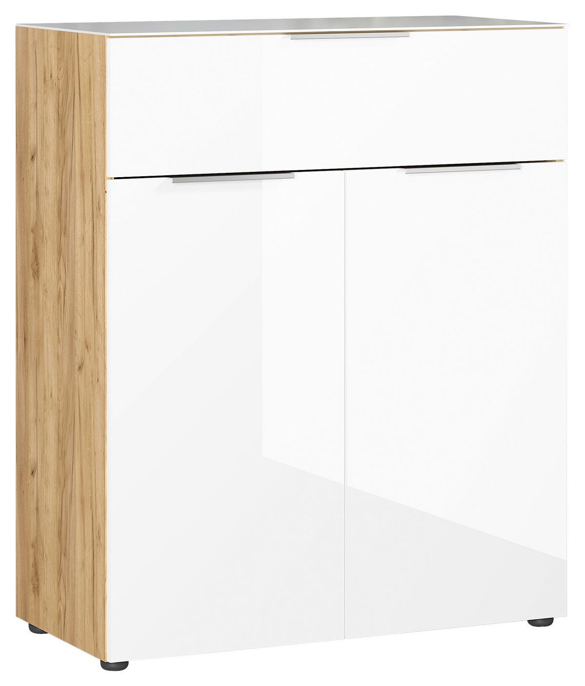 commode in Weiss/Eichefarben - couleur de chêne/noir, Modern, métal/verre (83/102/42cm) - Premium Living