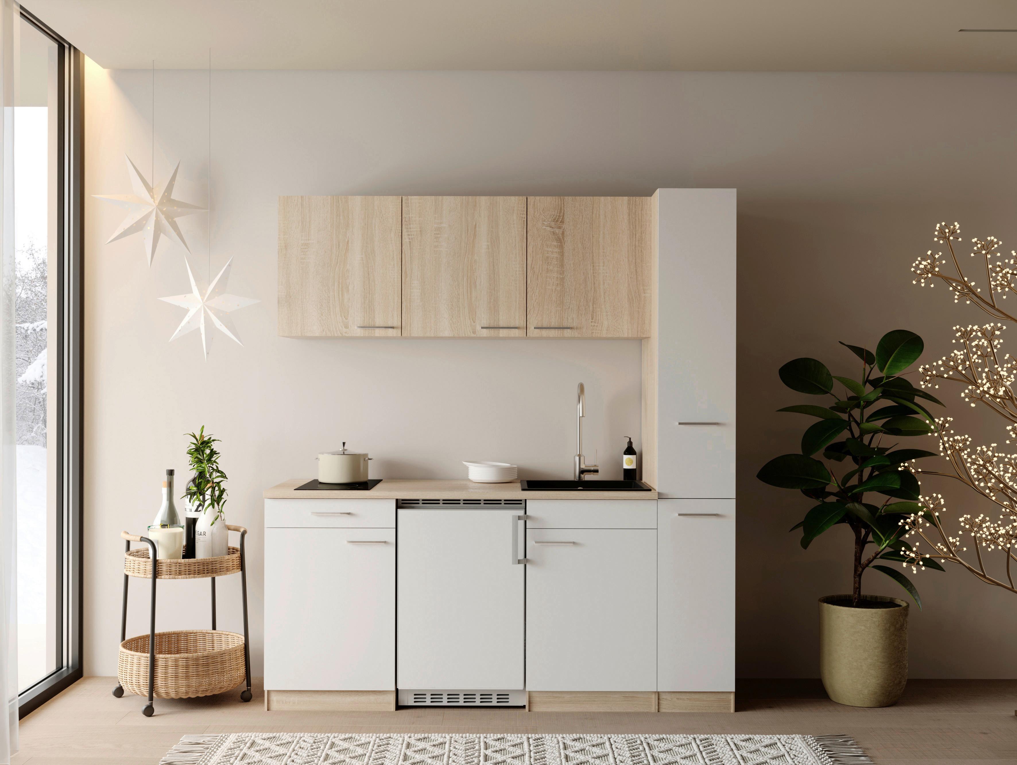 Küchenblock Ingrid m. Geräten Weiß - Eichefarben/Alufarben, Design, Holzwerkstoff/Kunststoff (180cm) - Respekta