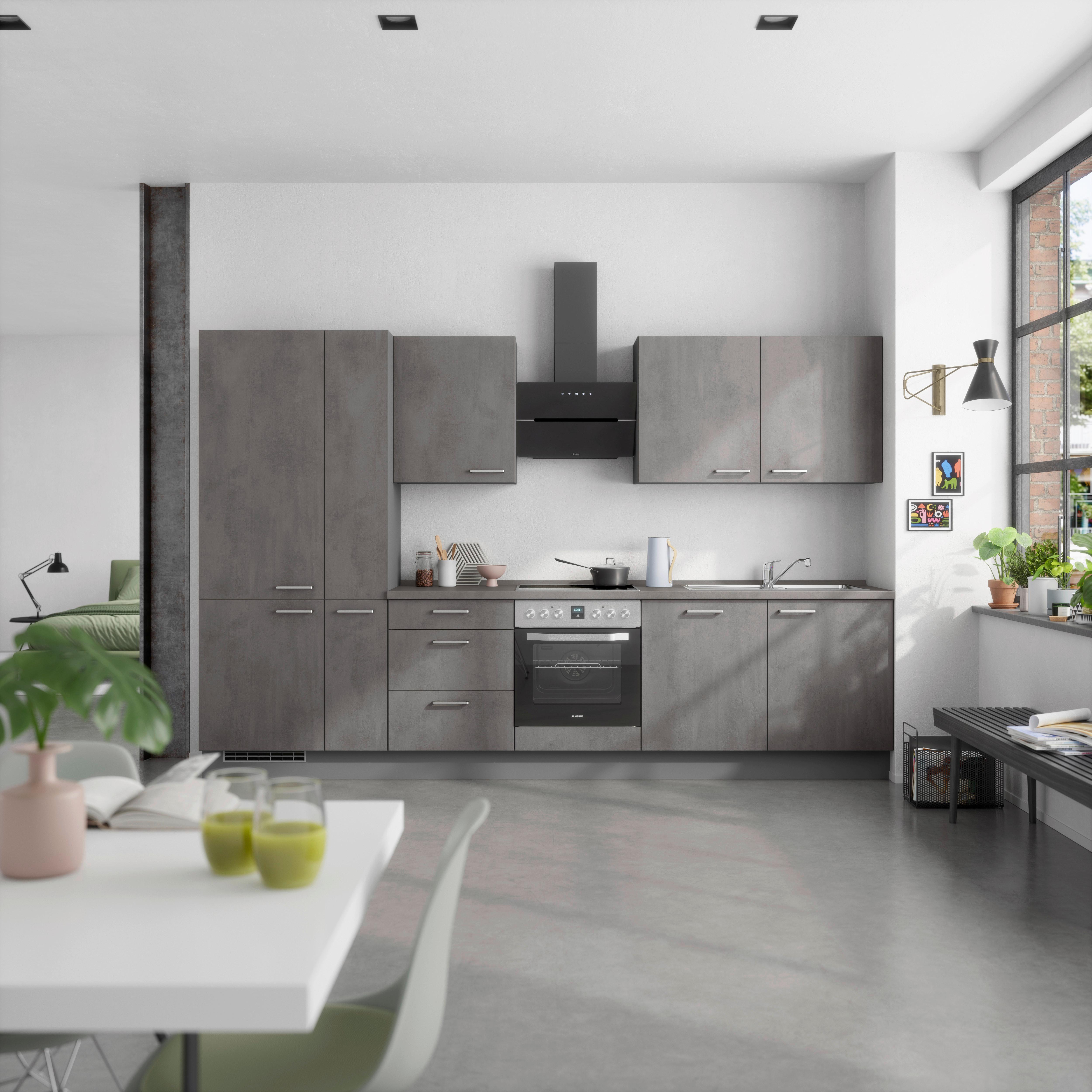 Küchenblock Riva High m. Geräten Schieferfarben - Schieferfarben/Edelstahlfarben, MODERN, Holzwerkstoff/Metall (330cm) - Nobilia